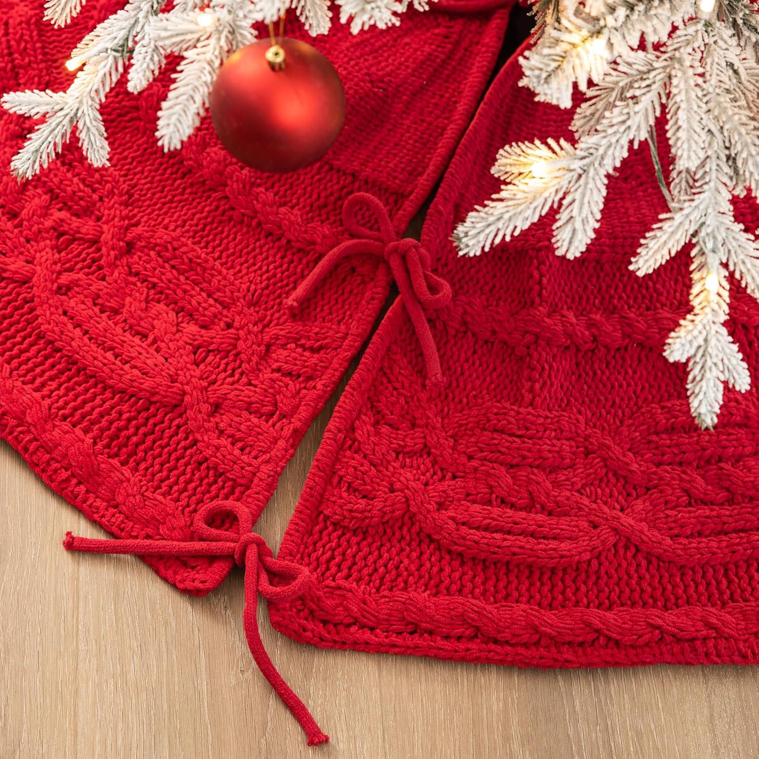 Classic Red Knitted Christmas Tree Skirt, 52 Inches