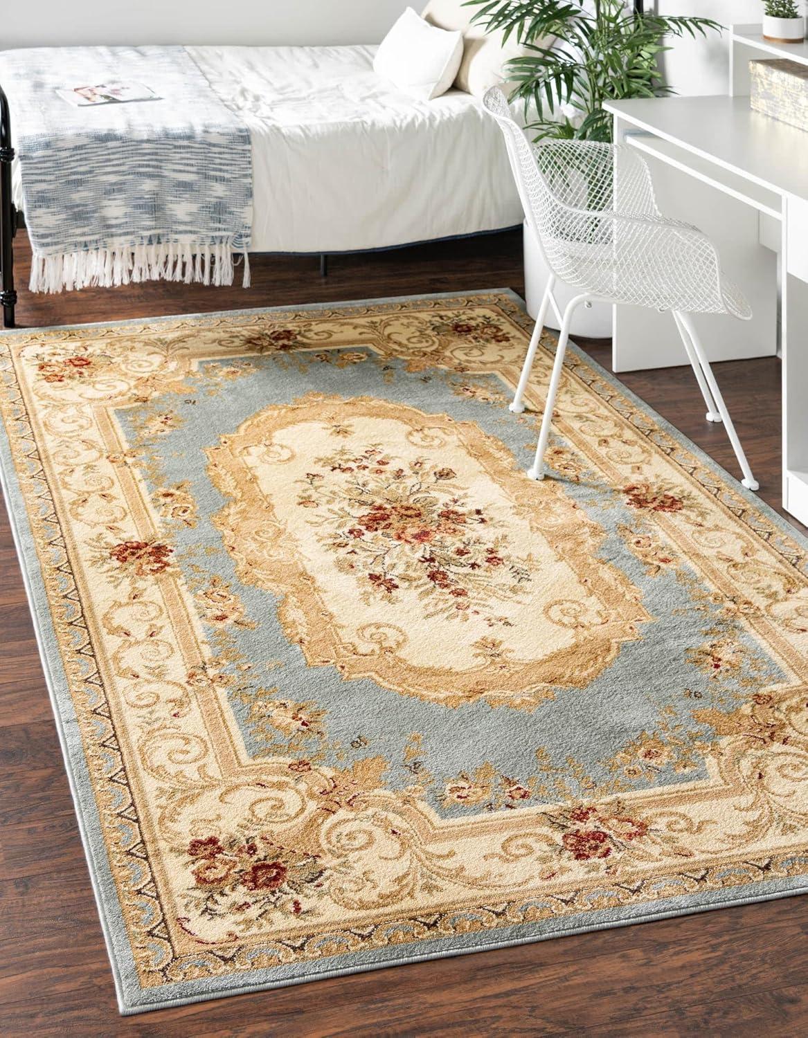 Light Blue and Beige Medallion Synthetic 4' x 6' Area Rug