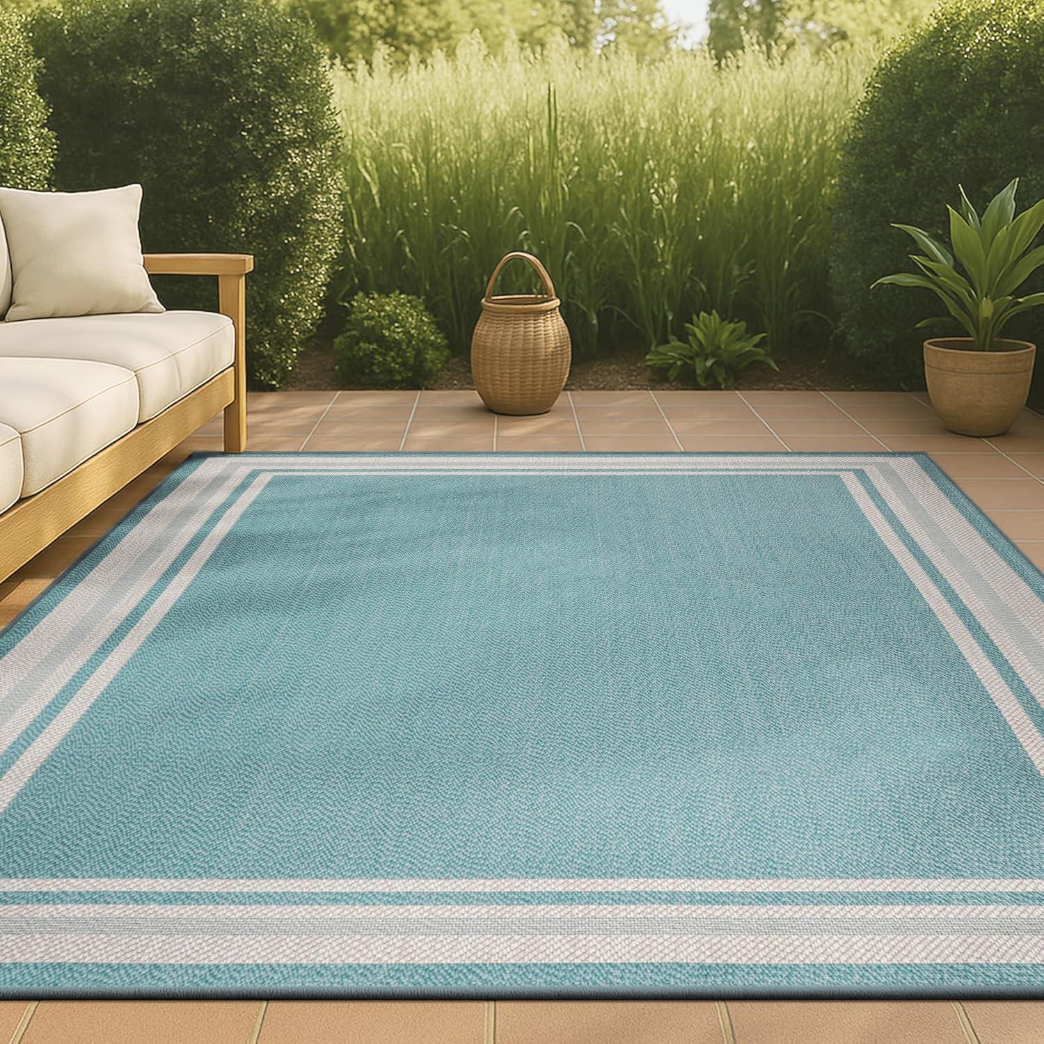 5' x 8' James Modern Border Stripe Indoor/Outdoor Area Rug, Aqua/Beige - JONATHAN Y