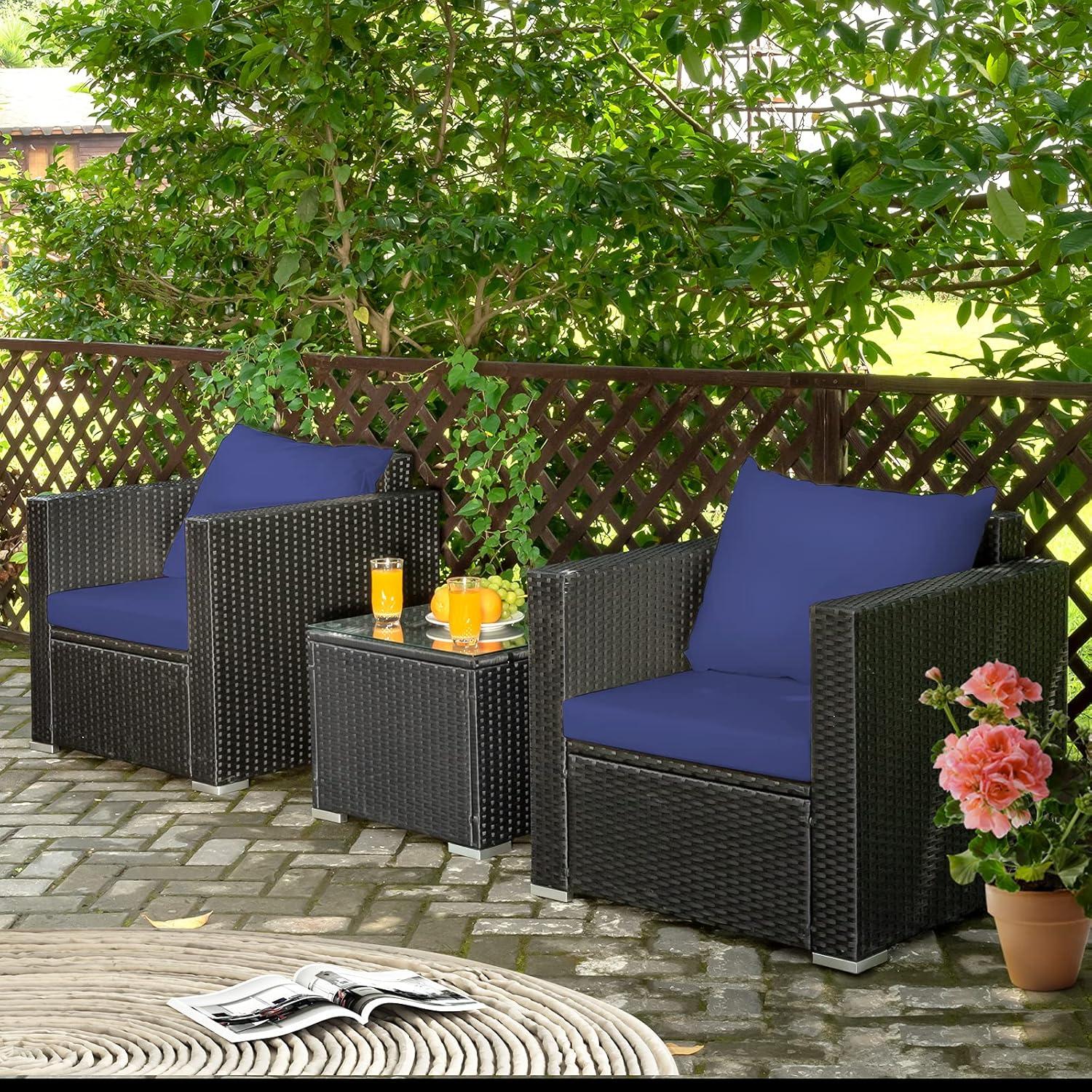 Kadyn Patio Furniture Sets, Outdoor Bistro Conversation Set, 3 Pieces Patio Wicker Conversation Set with Cushion-Navy
