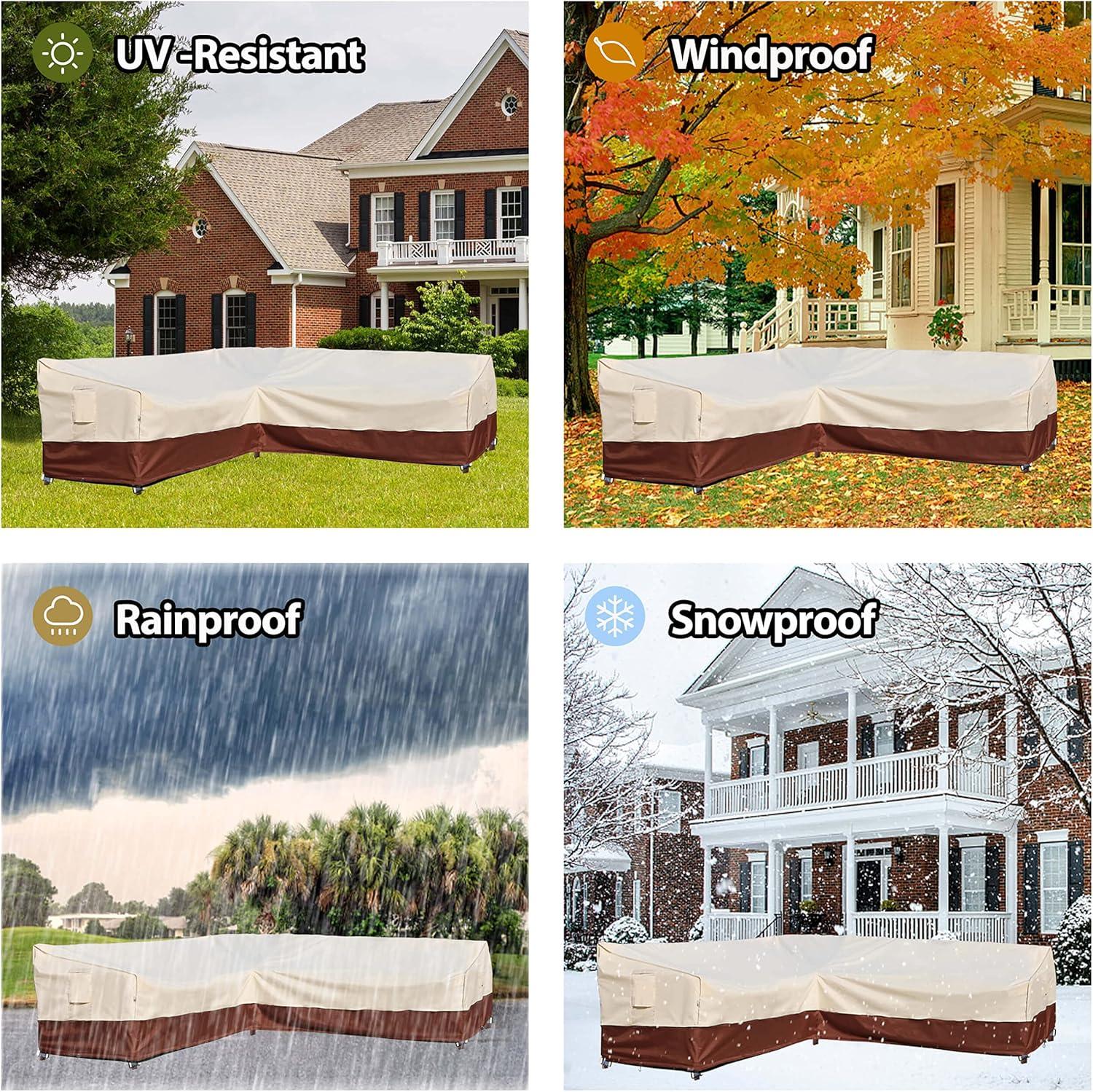 Outdoor Sectional Cover-V-Shaped Garden Patio Furniture Covers Waterproof Rip-Stop Anti-UV 600D Heavy Duty Outdoor Couch Cover with 3 Air Vents Sofa Cover 85''L 33.5''D 31''H,Beige & Reddish Brown