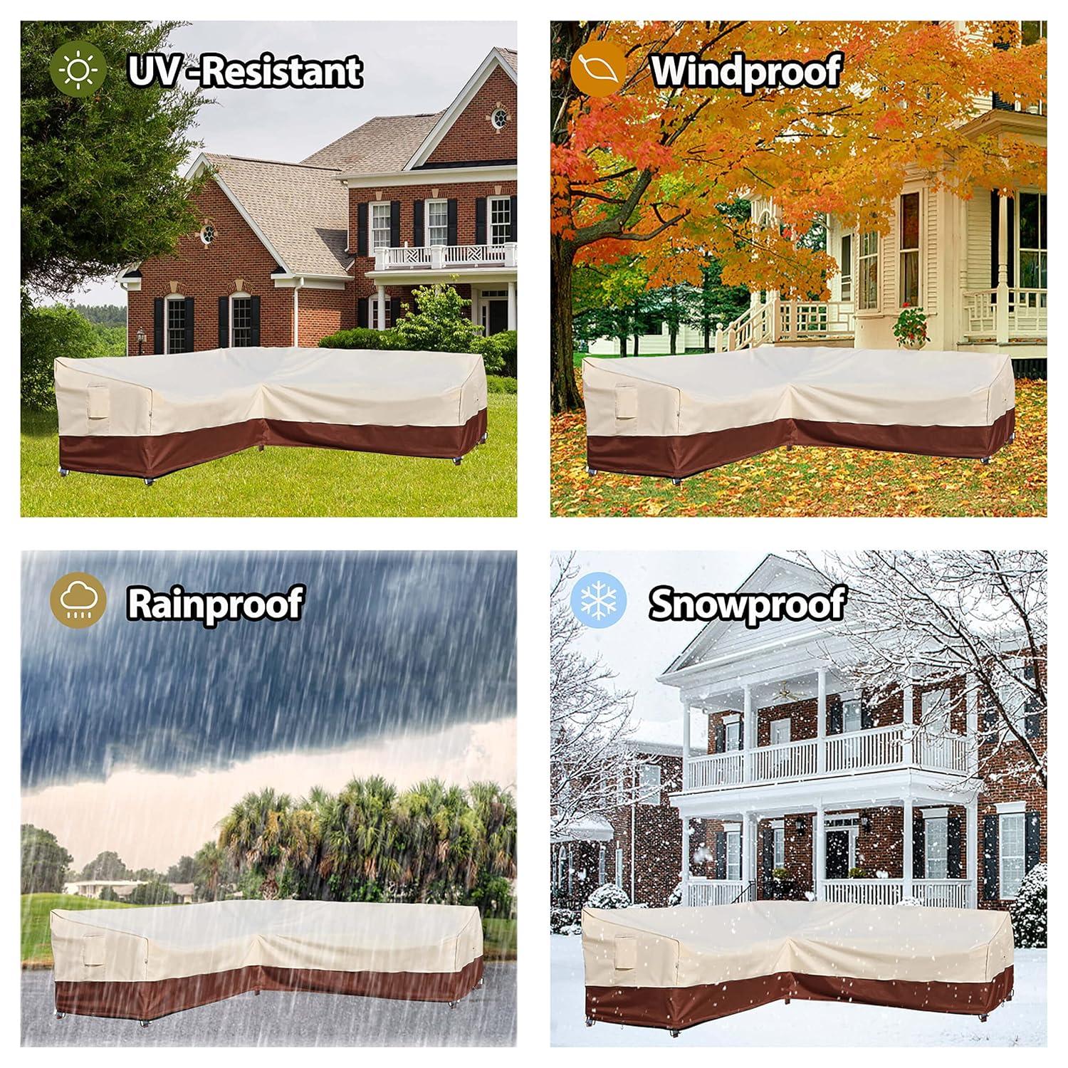 Outdoor Sectional Cover-V-Shaped Garden Patio Furniture Covers Waterproof Rip-Stop Anti-UV 600D Heavy Duty Outdoor Couch Cover with 3 Air Vents Sofa Cover 85''L 33.5''D 31''H,Beige & Reddish Brown