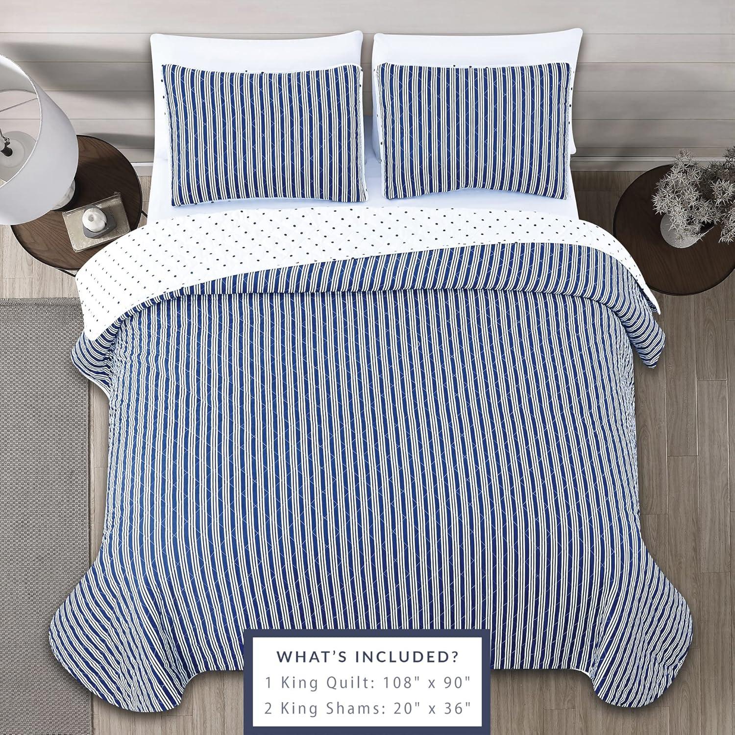 King White and Navy Reversible Microfiber Quilt Set