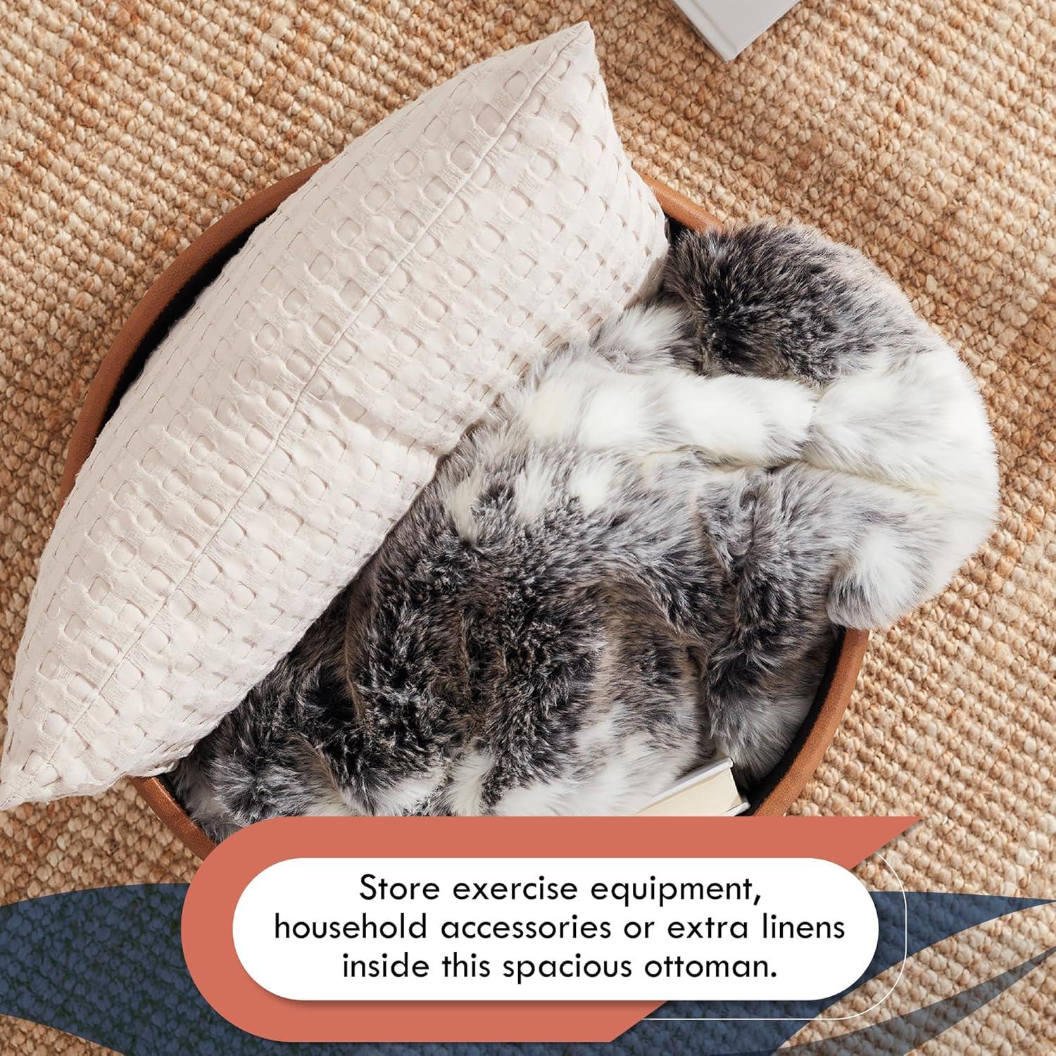 Ornavo Home Velvet Upholstered Round Tufted Storage Ottoman with Wooden Legs - Black