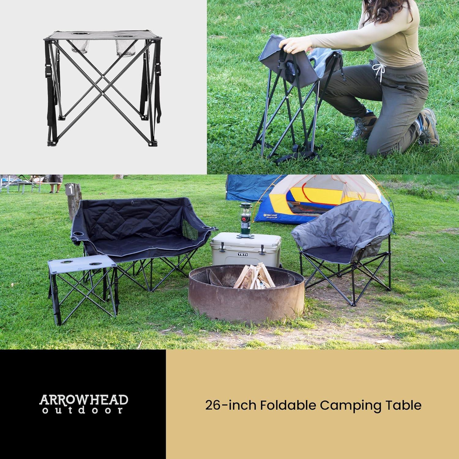 ARROWHEAD OUTDOOR 26” (66cm) Heavy-Duty Portable Camping Folding Table, 2 Cup Holders, Compact, Square, Carrying Case Included, Steel Frame, High-Grade 600D Canvas, USA-Based Support (Grey)