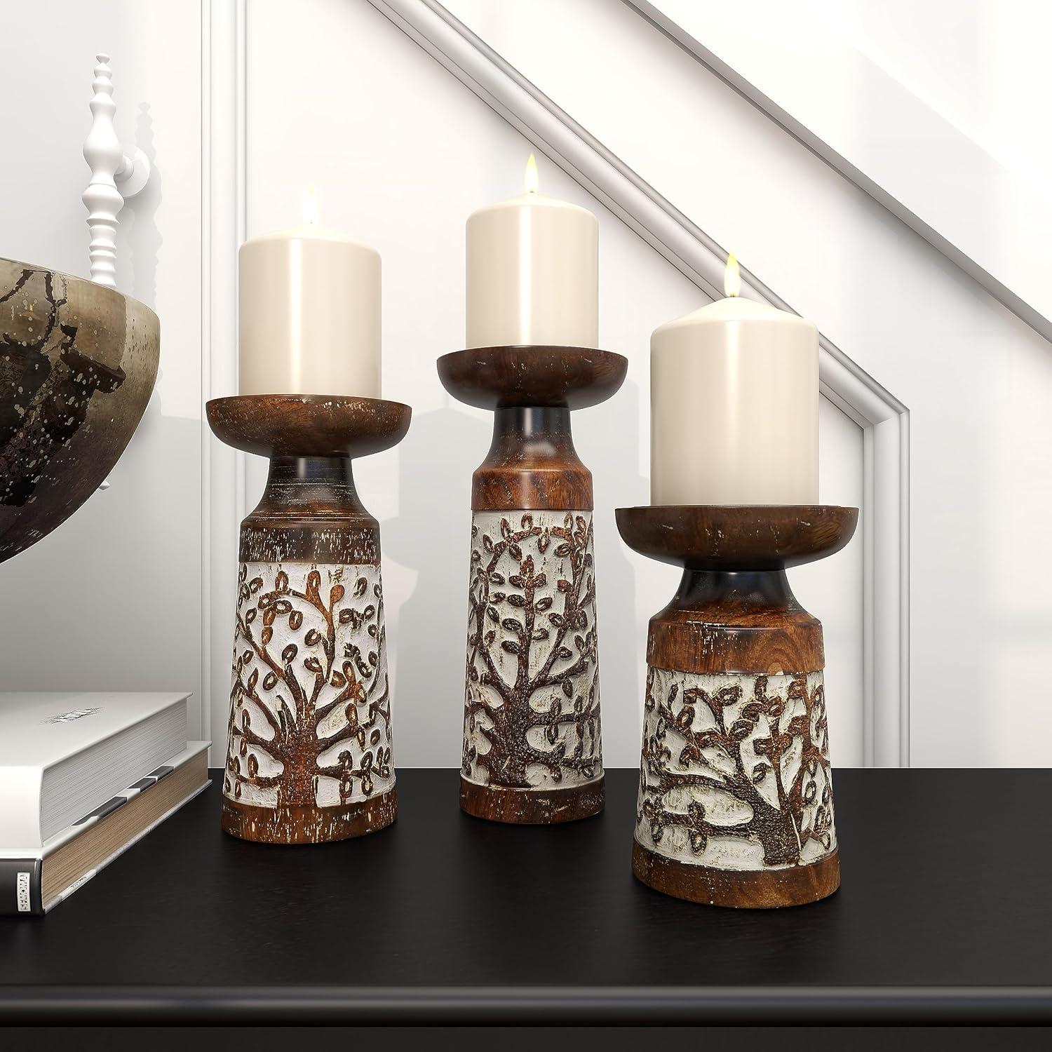 DecMode 3 Candle Brown Mango Wood Handmade Candle Holder, Set of 3