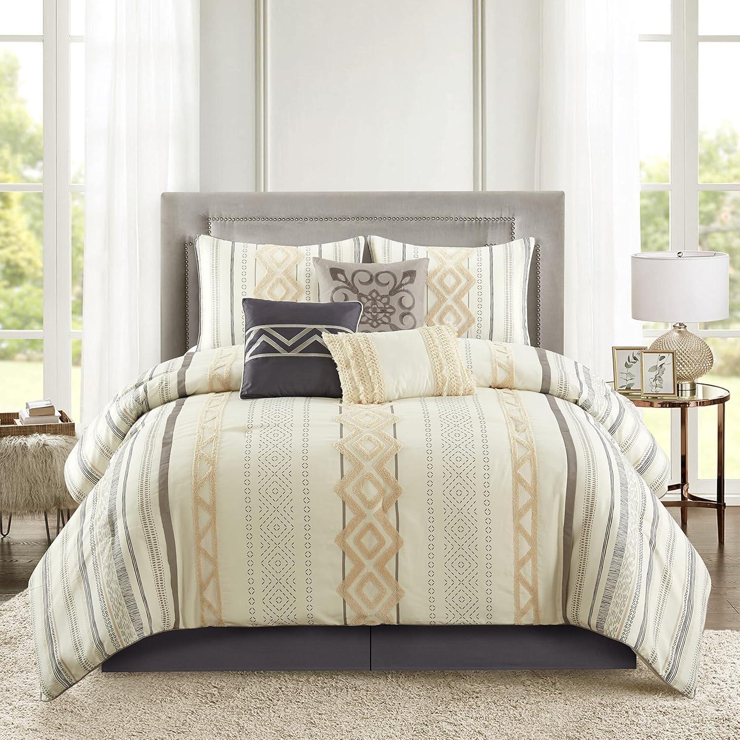 Ivory and Beige Geometric King Comforter Set with Embroidery