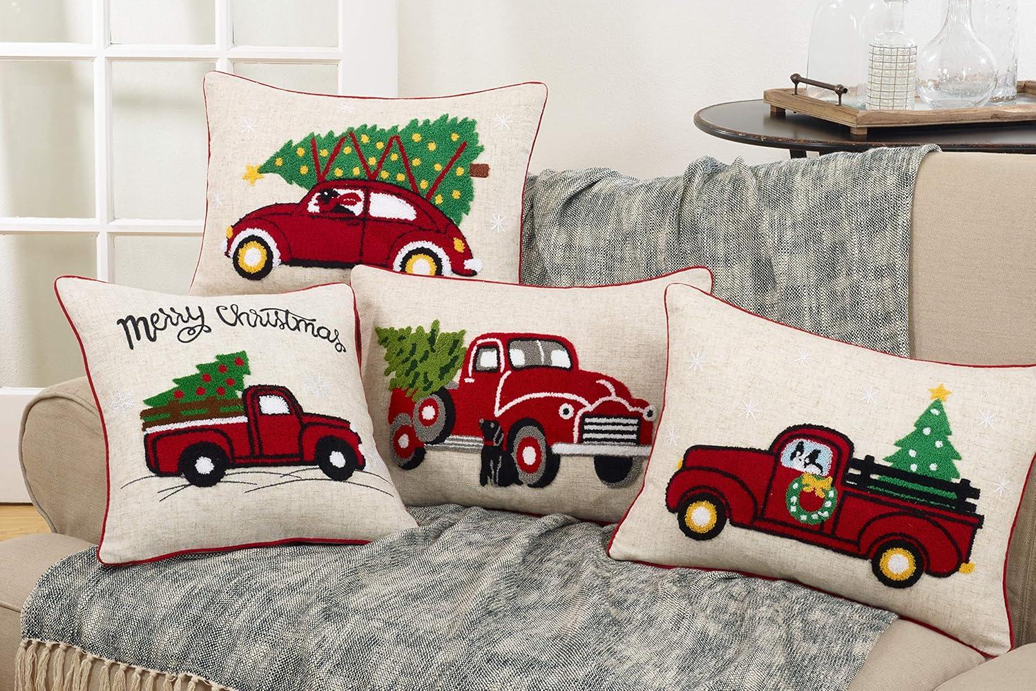 Vintage Red Truck Poly Blend Square Throw Pillow Tan - Saro Lifestyle: Festive Holiday Decor, Embroidered, Indoor