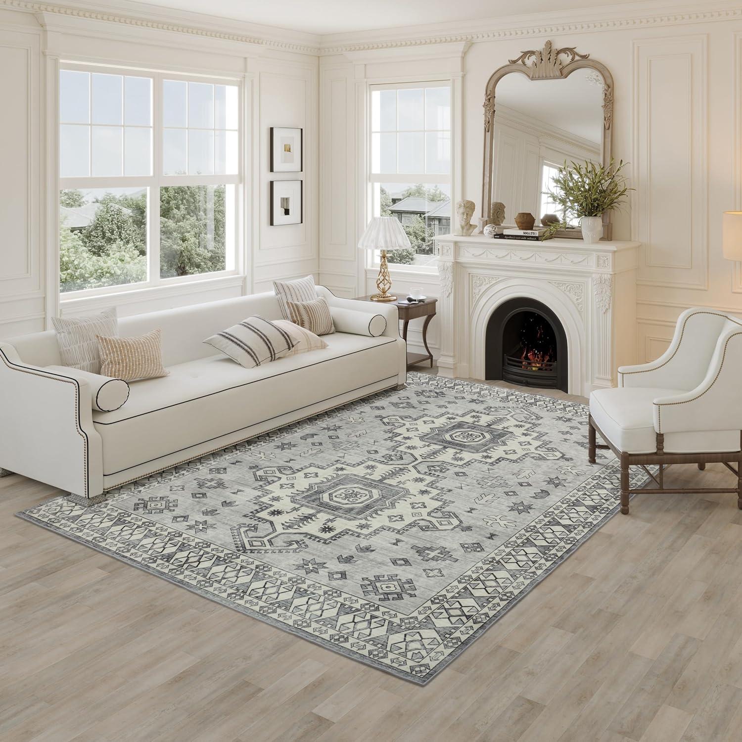 Machine Washable Thin Area Rug - Oriental Vintage Rust Red Kitchen, Bedroom, Hallway, Bathroom, and Entryway 3x5 Rugs - Stain and Water-Resistant - Non-Slip - Pet and Kid Friendly