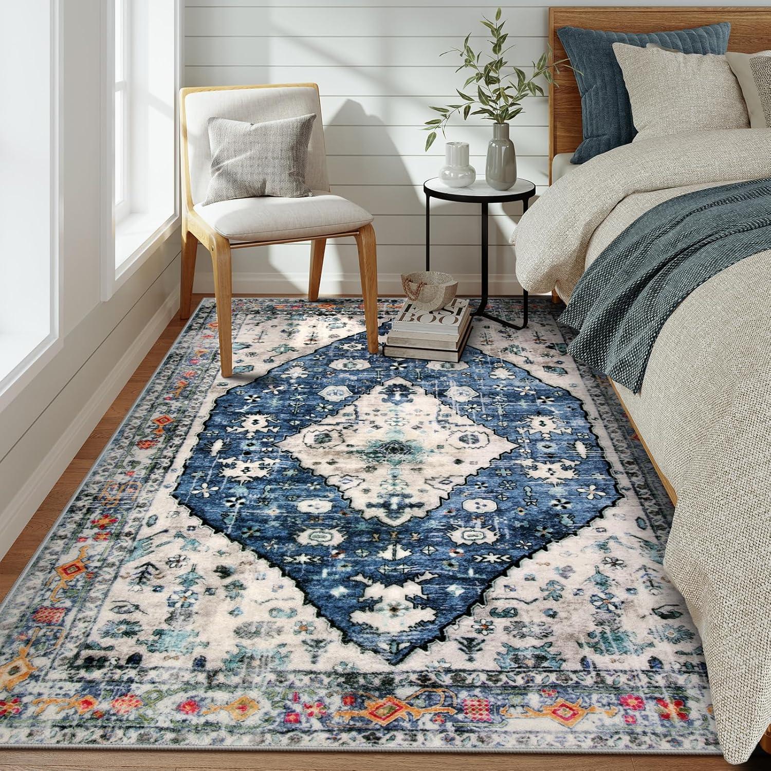 Wonnitar 5'x7' Area Rugs for Living Room Boho Tribal Washable Bedroom Rugs Large Soft Dining Room Mat Non Slip Indoor Carpet for Dorm Kitchen Nursery Dining Bedroom,Blue