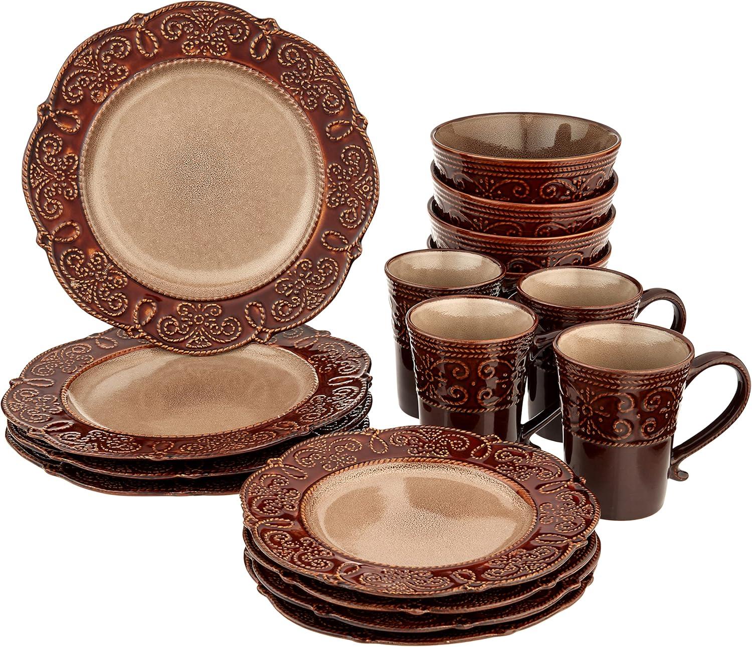 Salia Brown Embossed Ceramic 16-Piece Dinnerware Set