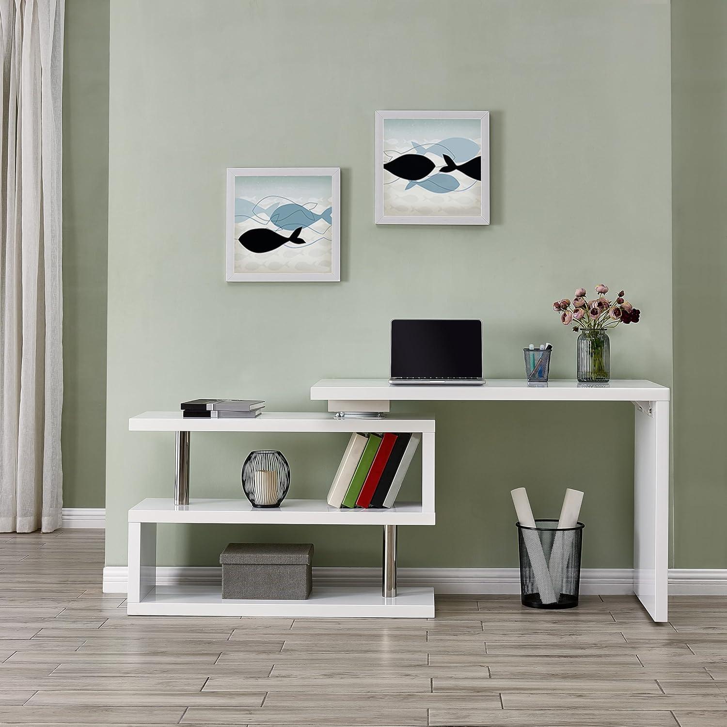 Yates Modern White and Chrome Adjustable Corner Desk with Shelves