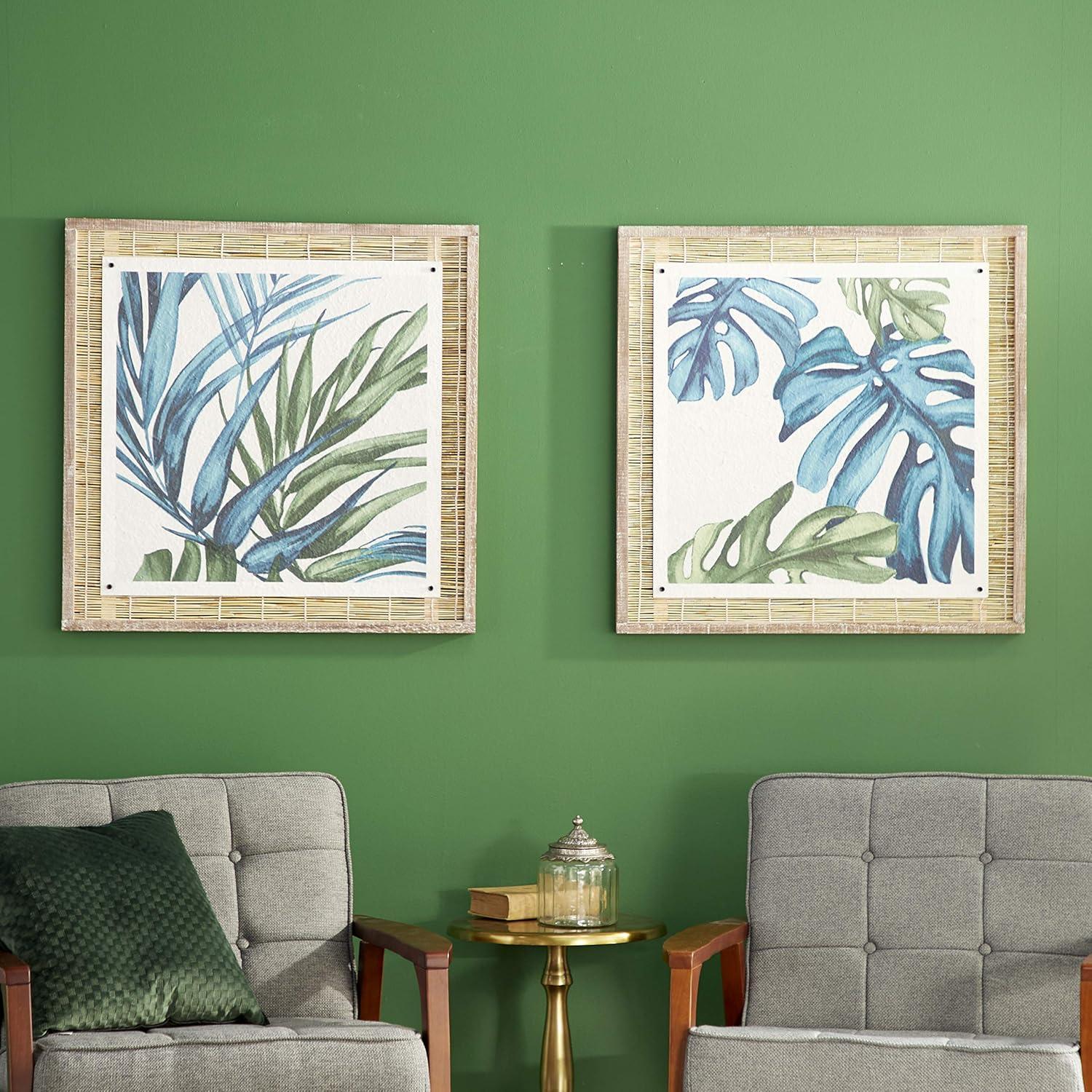 Dried Plant Leaf Framed Wall Art with Brown Frame Set of 2 Blue - Olivia & May: Modern Abstract Artwork, Wood Frames, Vertical Display