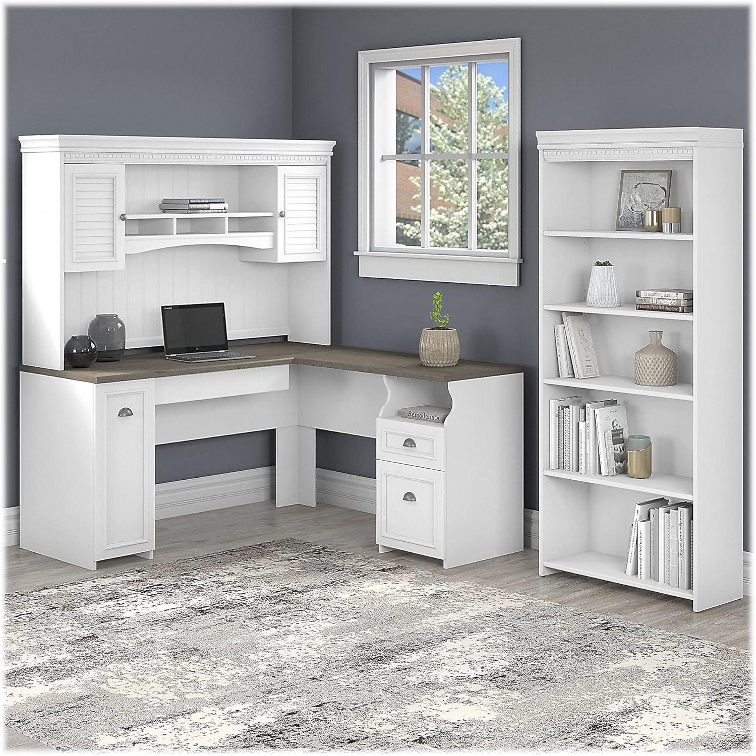 Fairview L Desk with Hutch and Bookcase in Antique Black - Engineered Wood