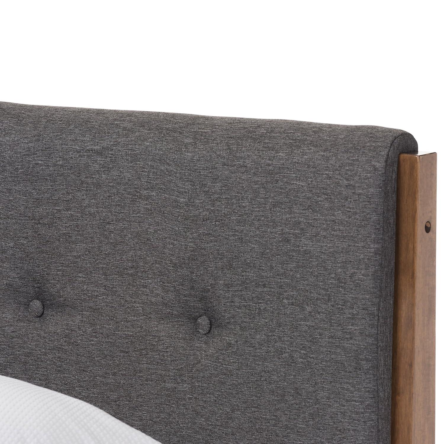 Baxton Studio King Alke Fabric Upholstered Platform Bed Light Gray/Walnut: Wooden Slats