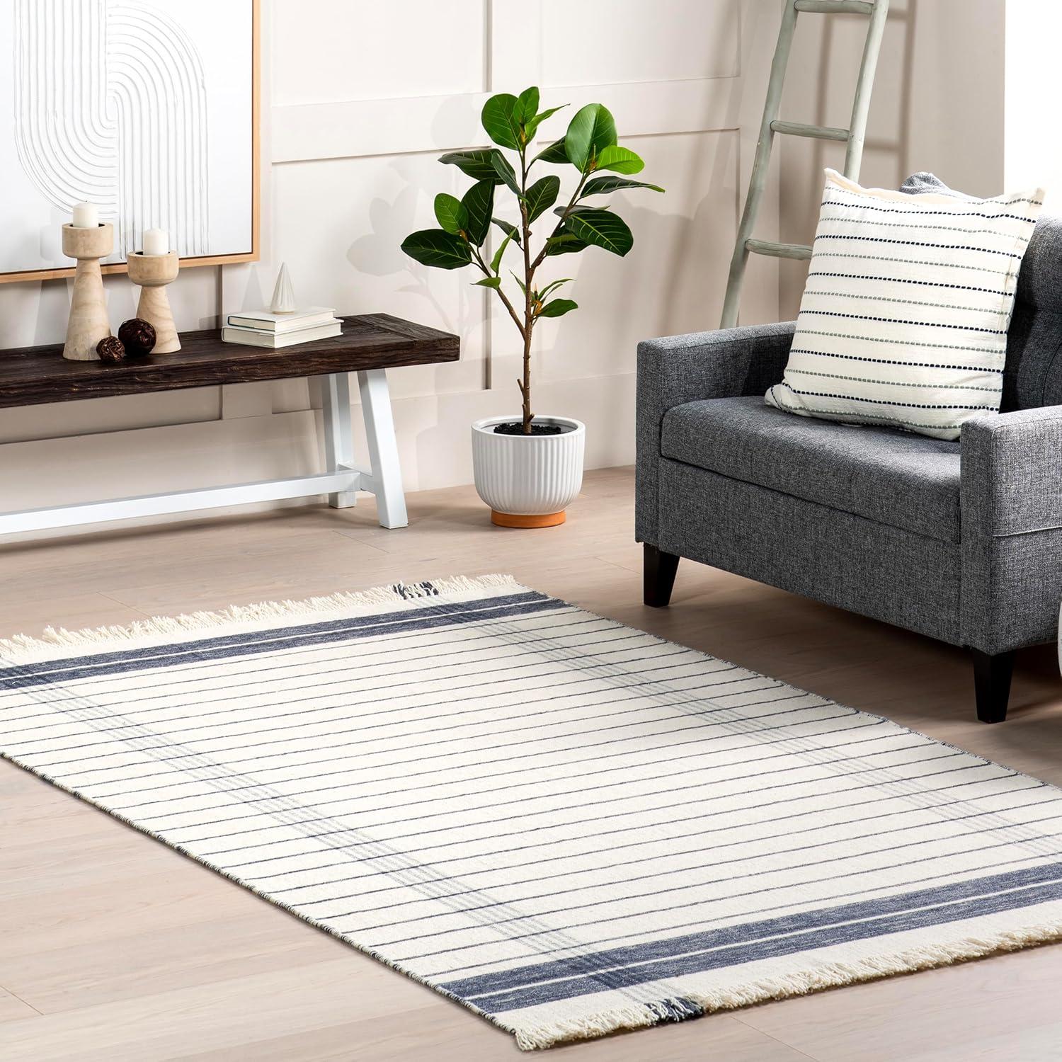 Ivory and Blue Striped Wool Fringe Area Rug 2' x 3'