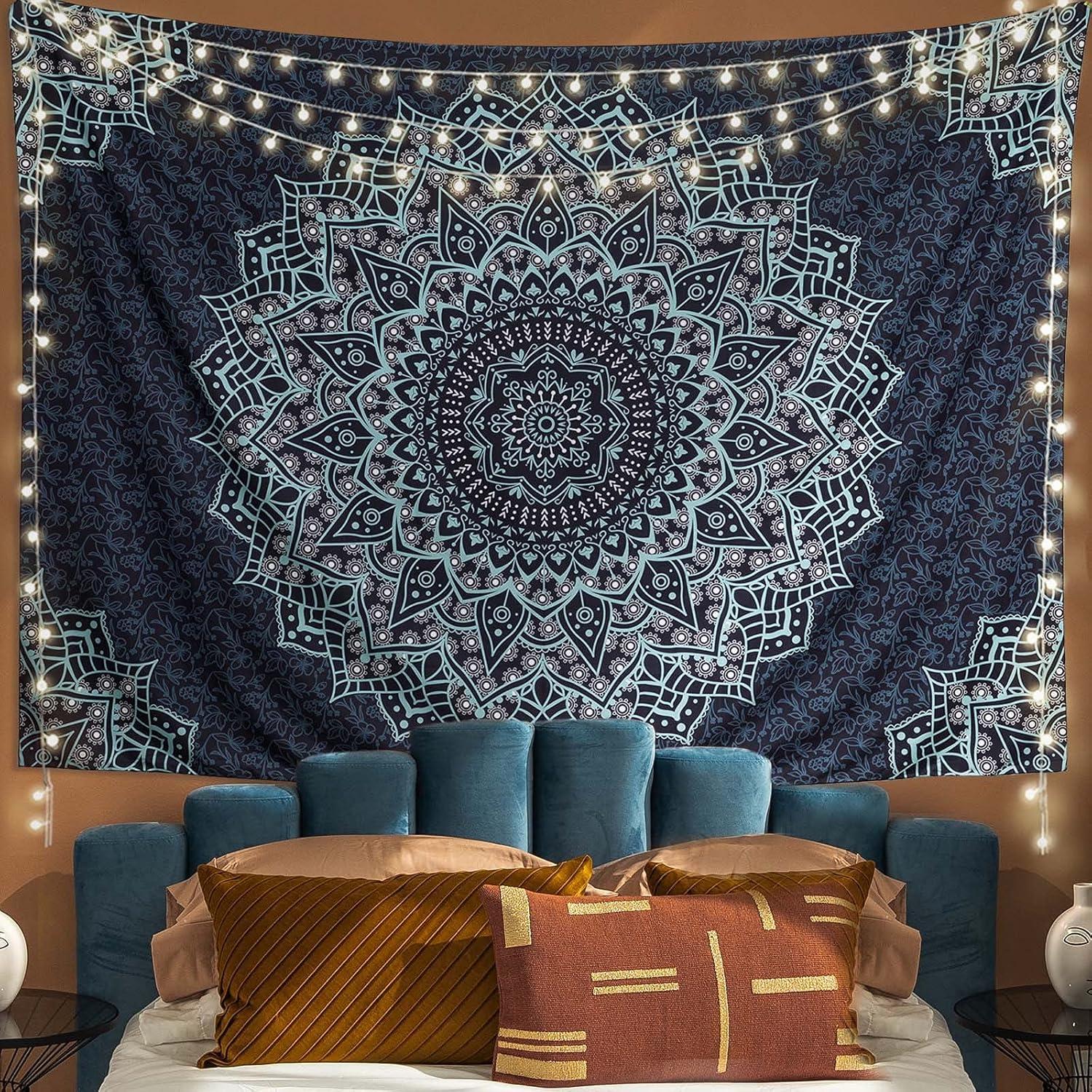 Black Blue Mandala Tapestry Wall Hanging Vintage Tapestries Aesthetic Hippie Wall Decor Bohemian Wall Art Boho Home Decoration for Bedroom,Living Room,Dorm