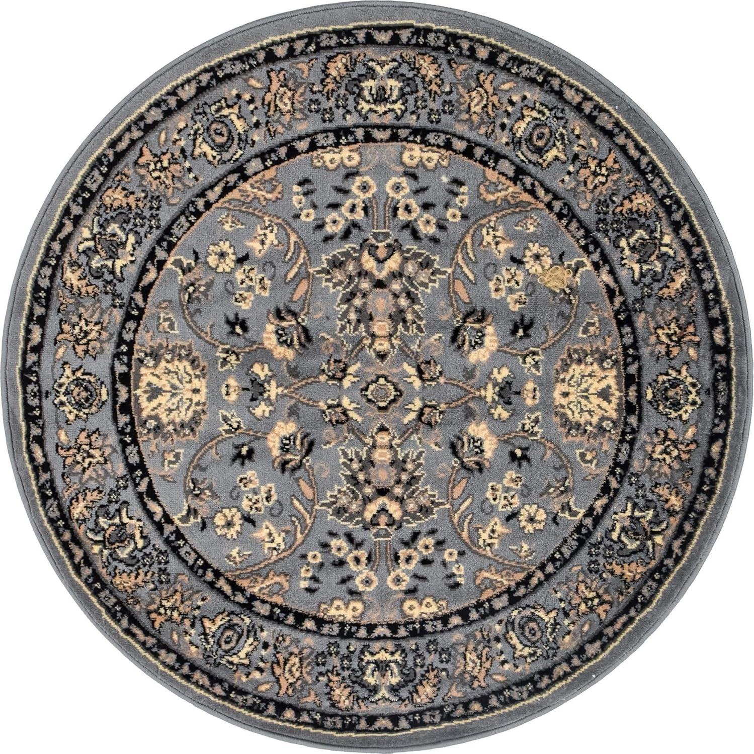 Unique Loom Sialk Hill Collection Area Rug - Washington (4' 1" Round Gray/Black) Floral Traditional Perfect For Living Room Bed Room Dining Room Office