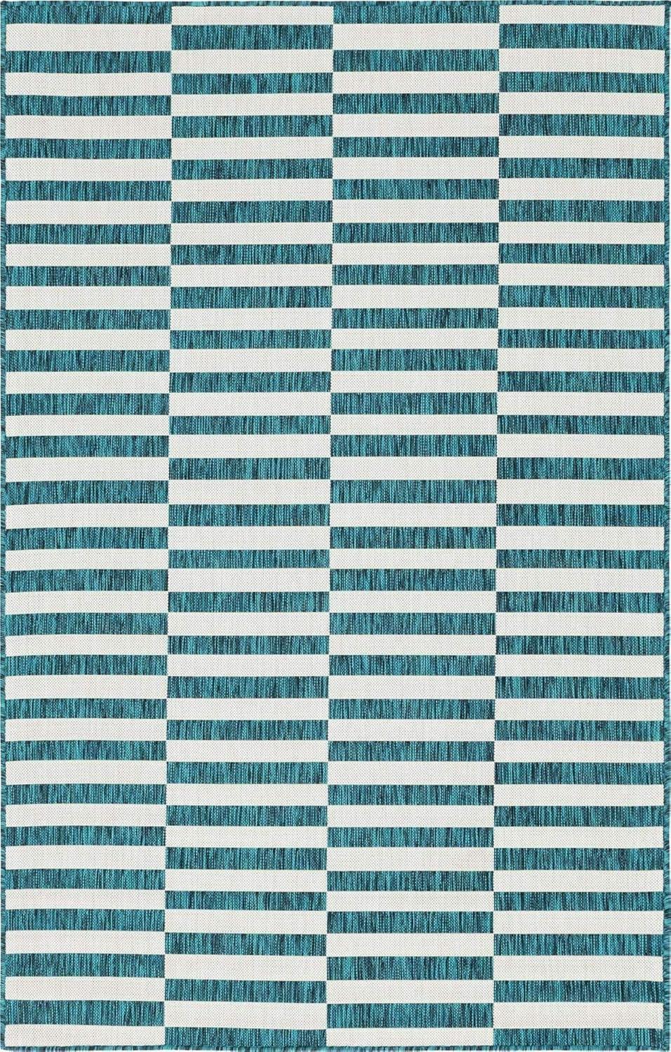 Teal and Ivory Stripe Easy-Care Outdoor Rug 5'1" x 8' Rectangular Synthetic