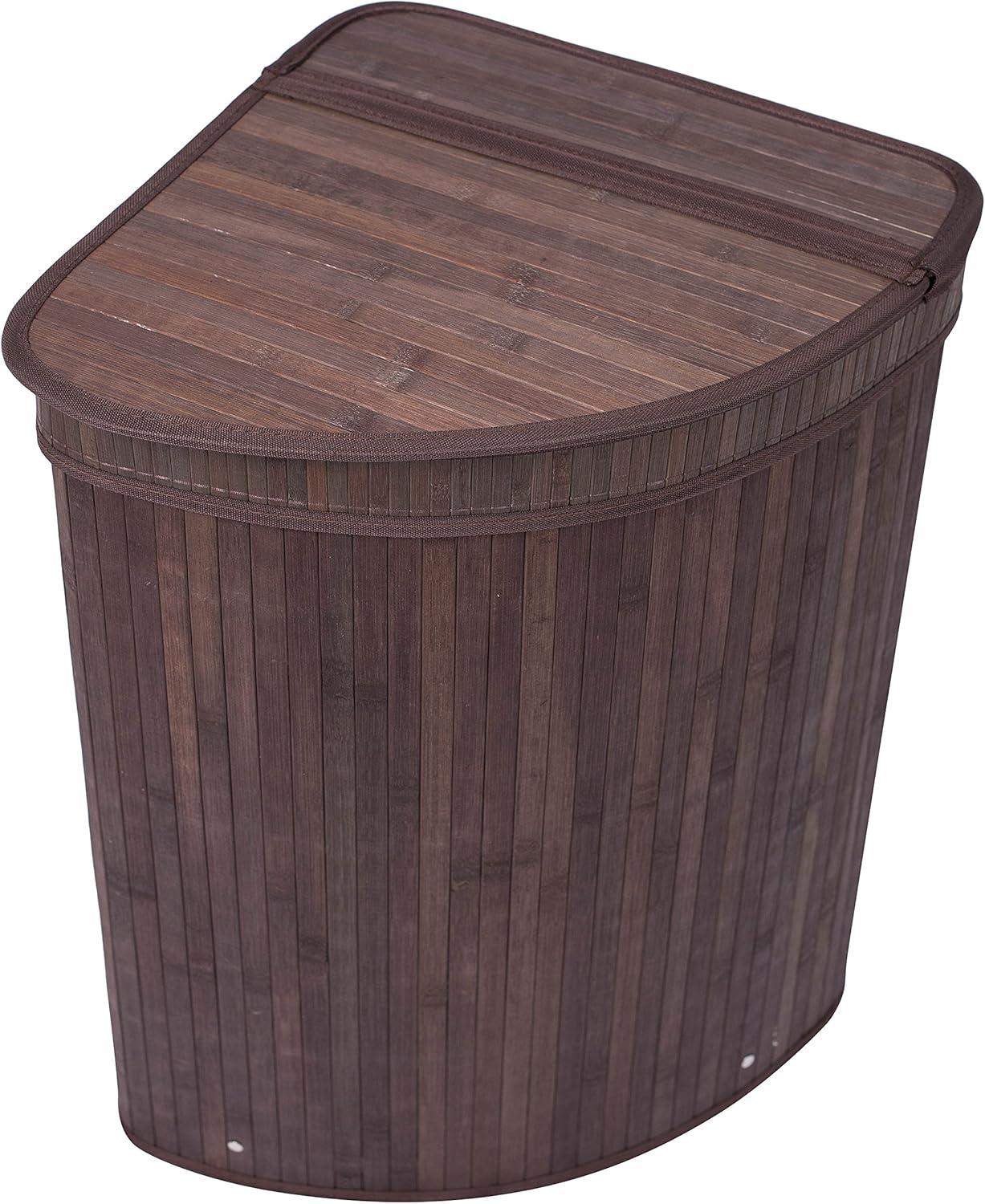Espresso Bamboo Corner Laundry Hamper with Lid and Cloth Liner