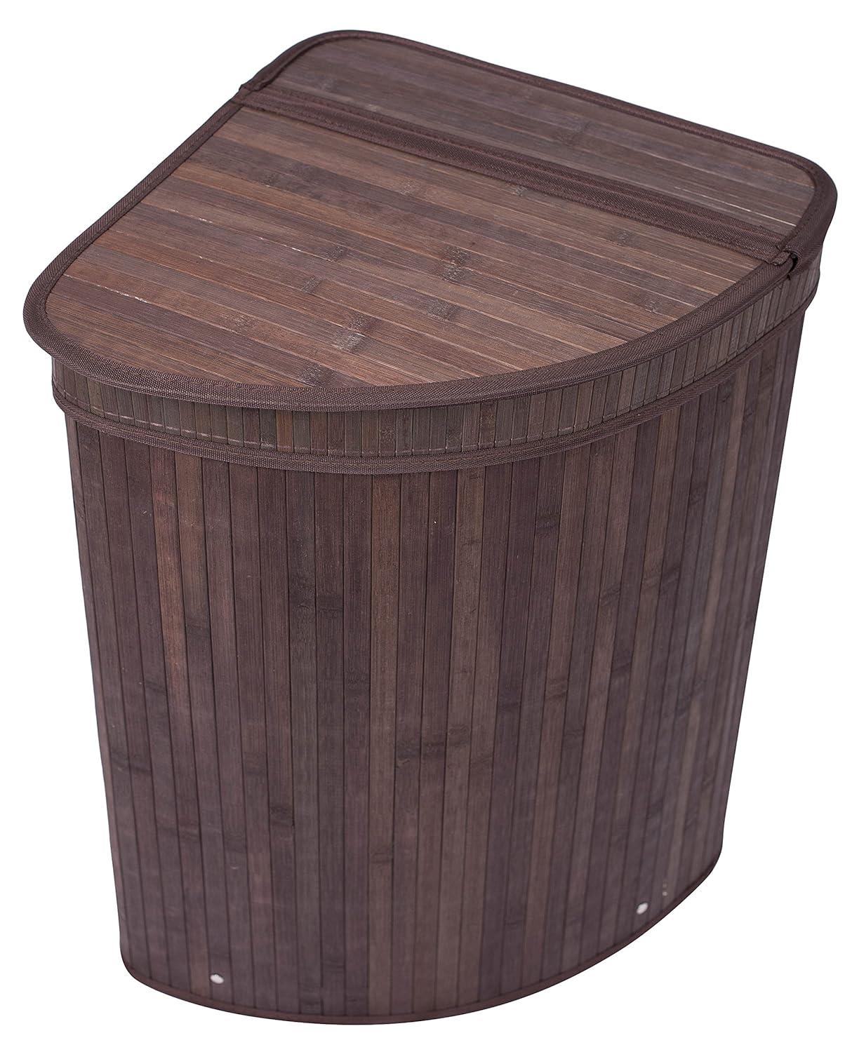 Espresso Bamboo Corner Laundry Hamper with Lid and Cloth Liner