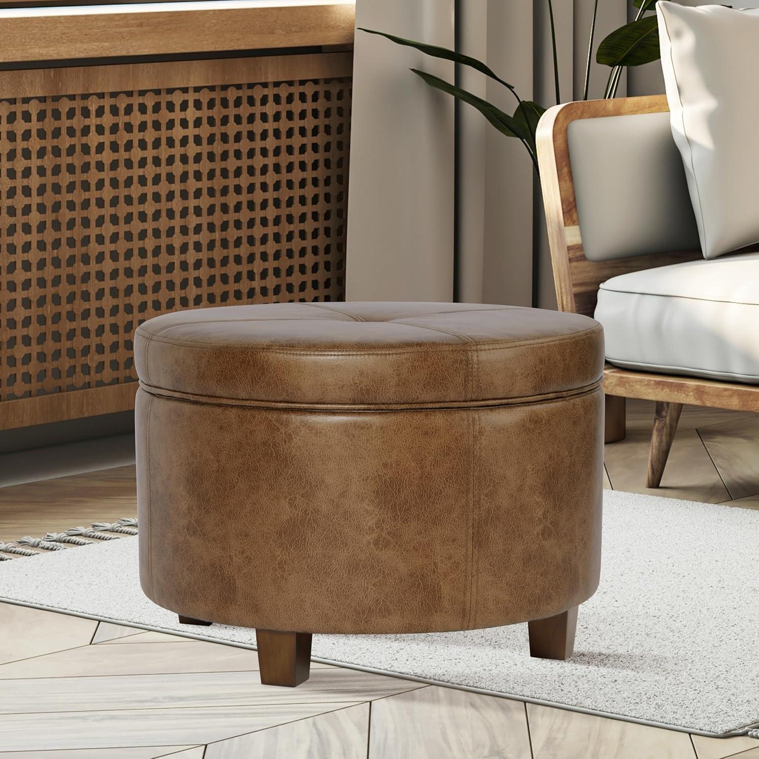 HomePop Large Leatherette Storage Ottoman - Distressed Brown Faux Leather