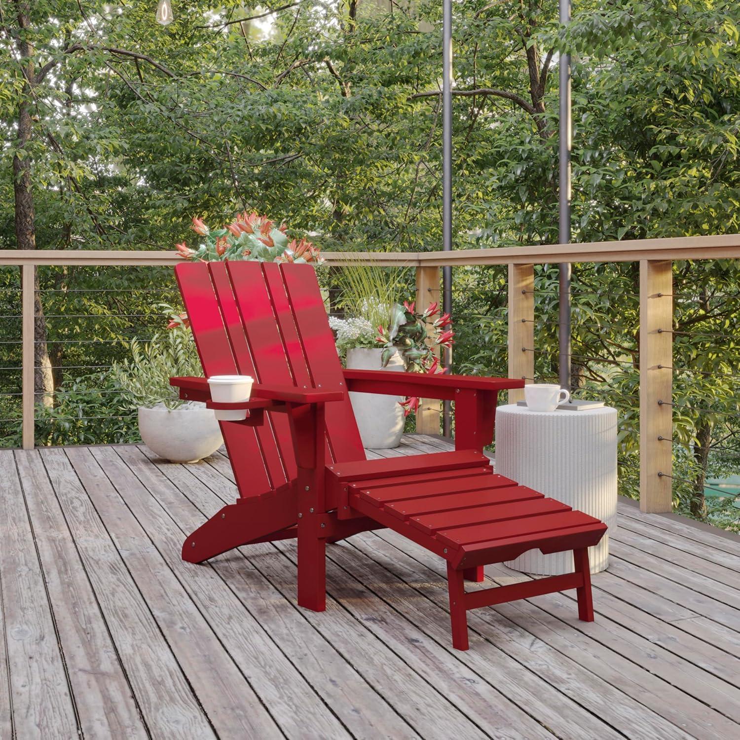 Flash Furniture Halifax HDPE Adirondack Chair with Cup Holder and Pull Out Ottoman, All-Weather HDPE Indoor/Outdoor Lounge Chair in Red