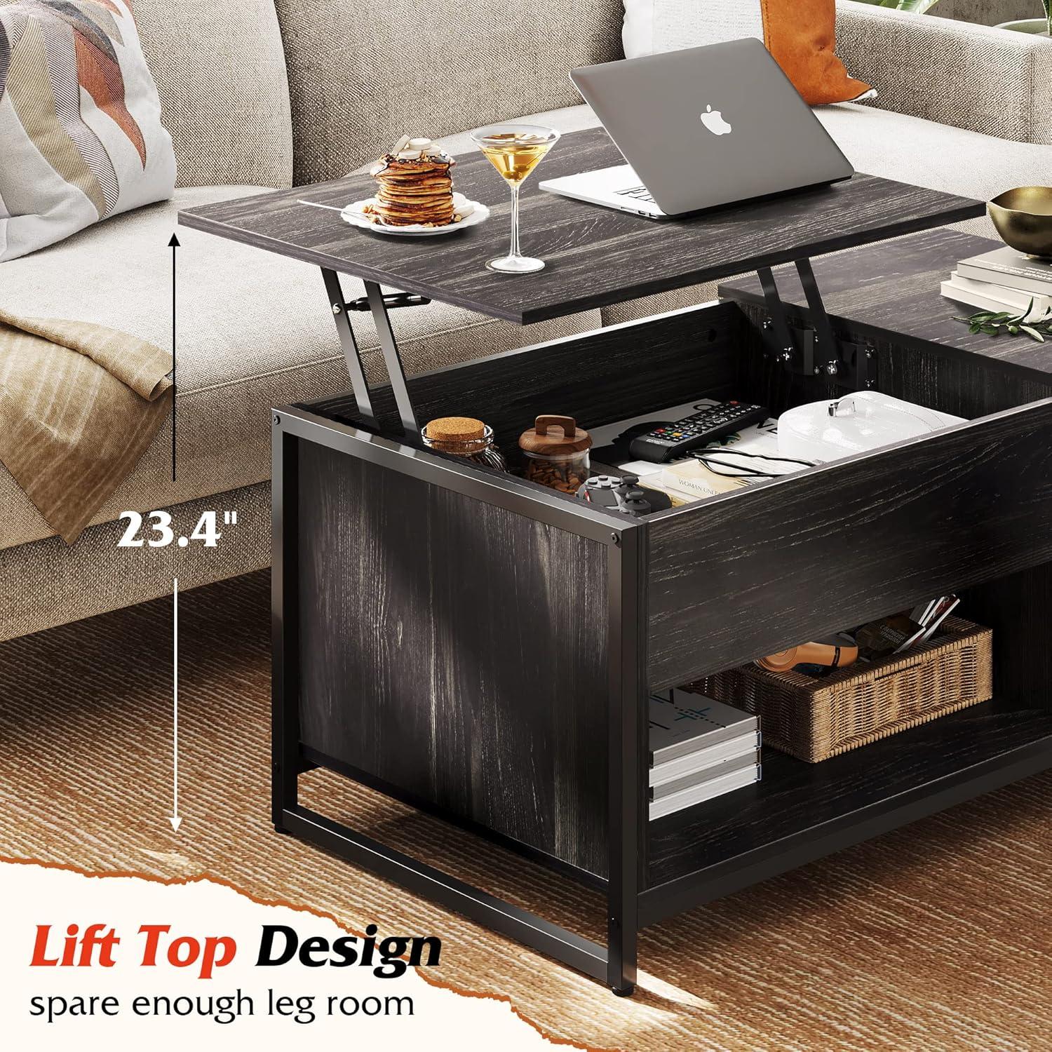 Coffee Table for Living Room,Lift Top Coffee Table with Storage,Hidden Compartment and Metal Mesh Door Cabinet,Black,Wood