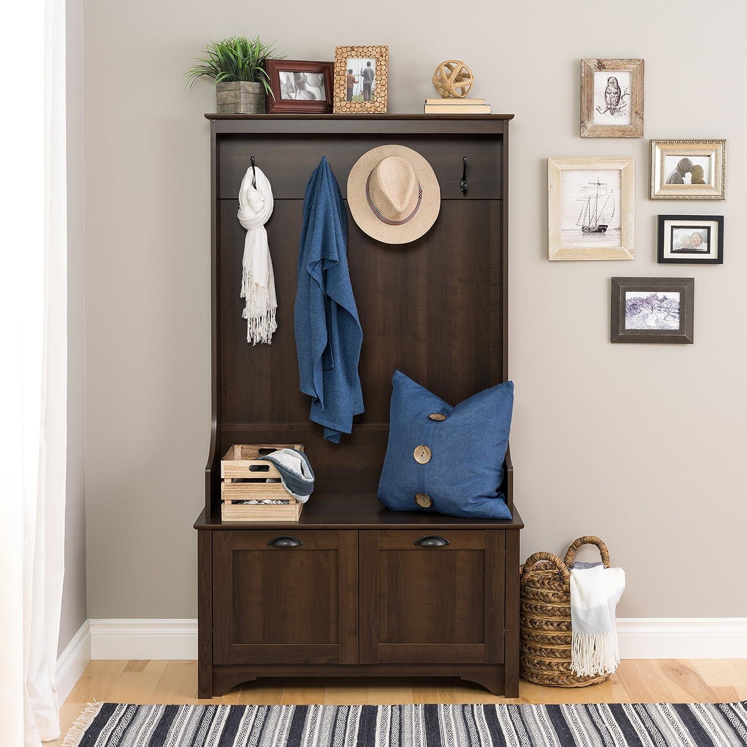 Espresso Dark Wood Hall Tree with Storage Bench and Hooks