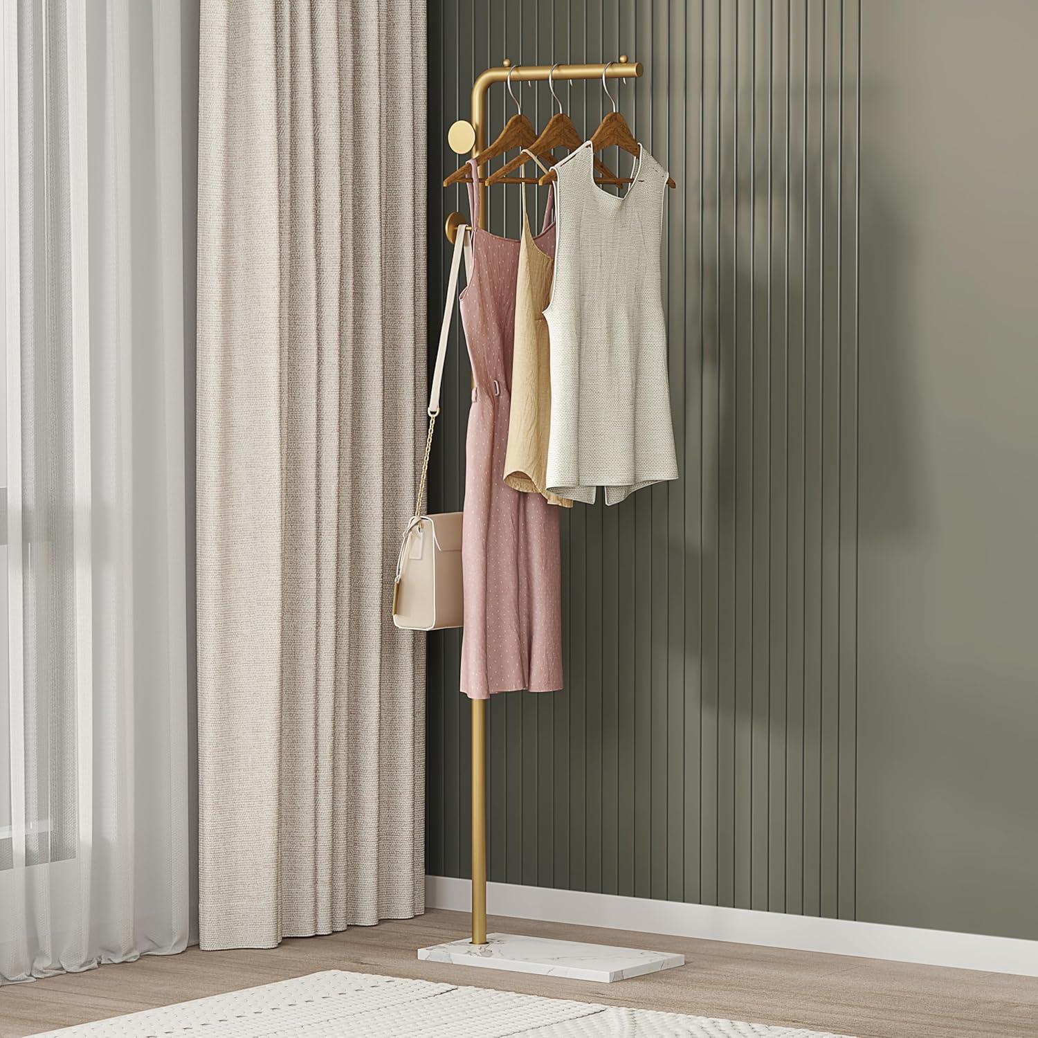 Gold Freestanding Coat Rack with Marble Base and Steel Finish