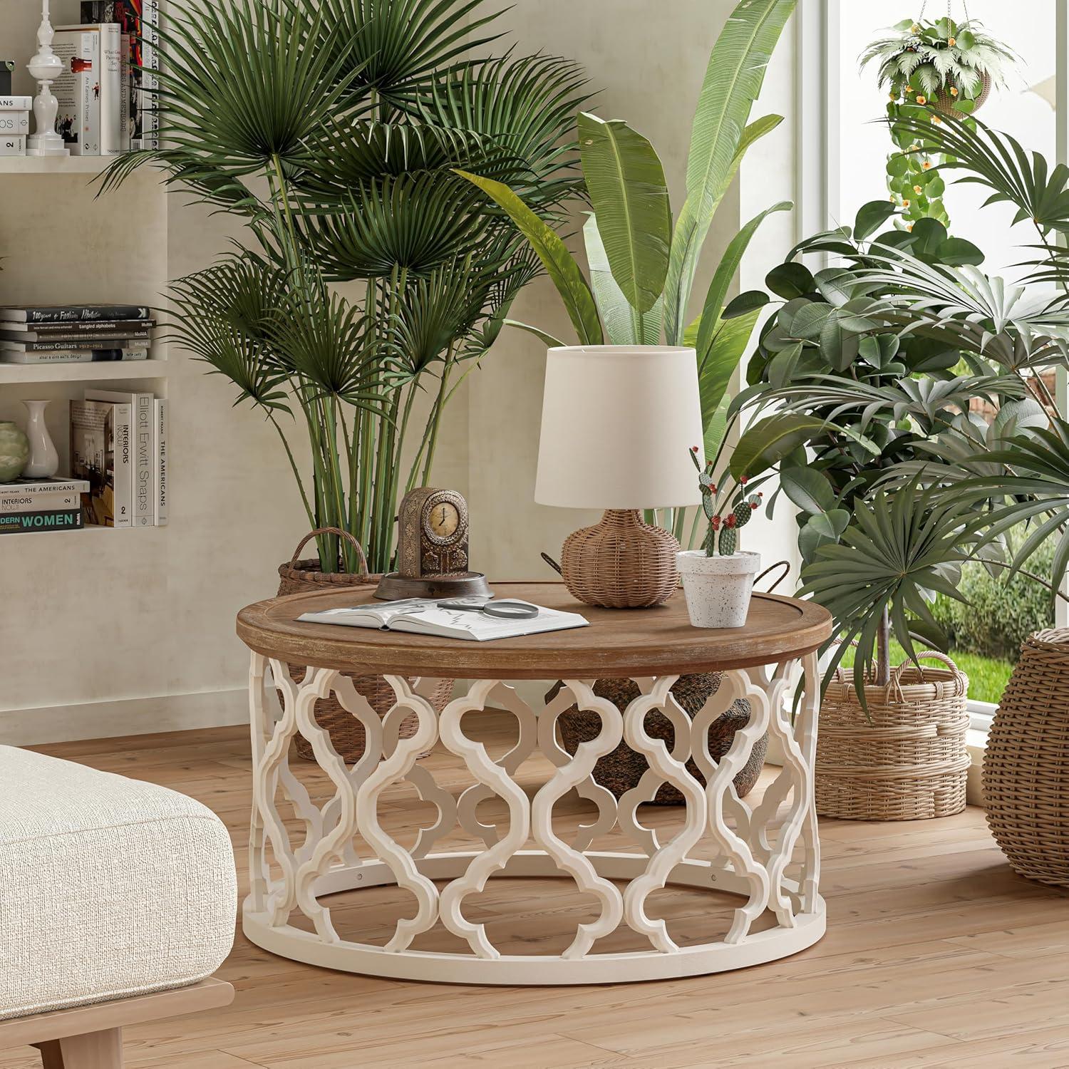 COZAYH Rustic Coffee Table, Distressed Wood Top Table with Curved Motif Frame Base for Boho, Farmhouse Decor, Round