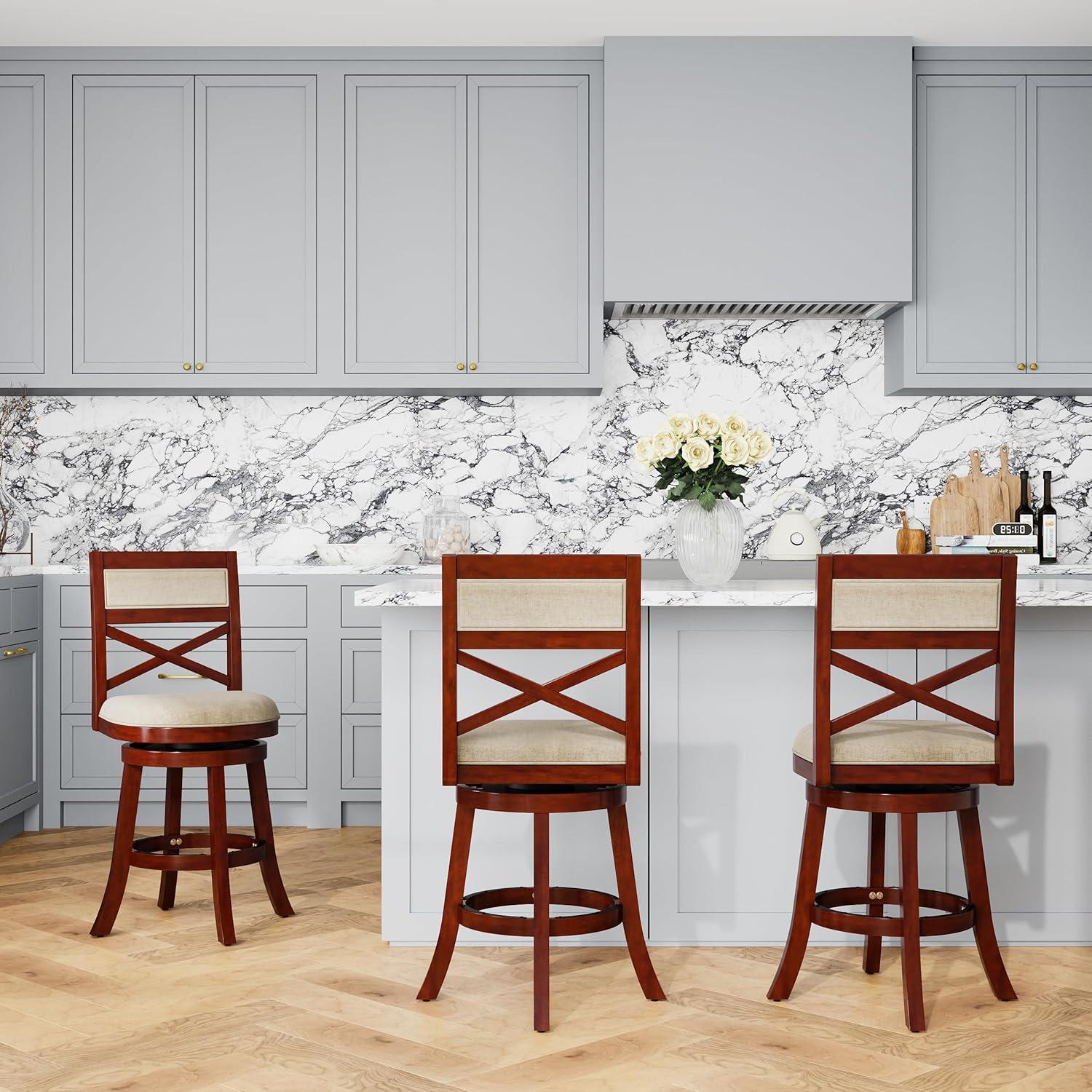 Killeryuki Indoor Living Meeker X Back Fabric Swivel Stool, 24” Counter Height, Cherry Finish, Beige Fabric Seat