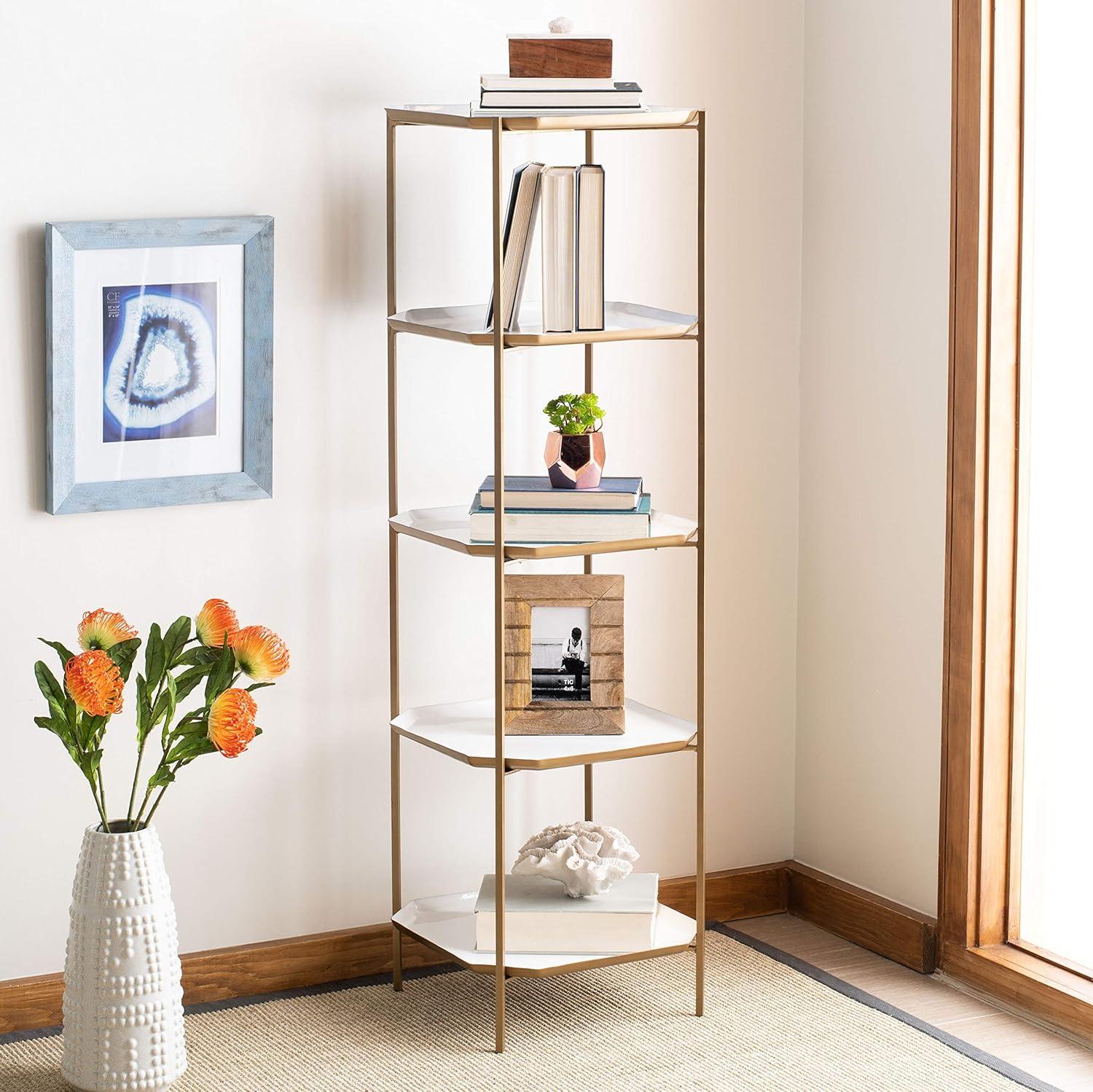 Contemporary White and Brass 5-Tier Etagere Bookshelf