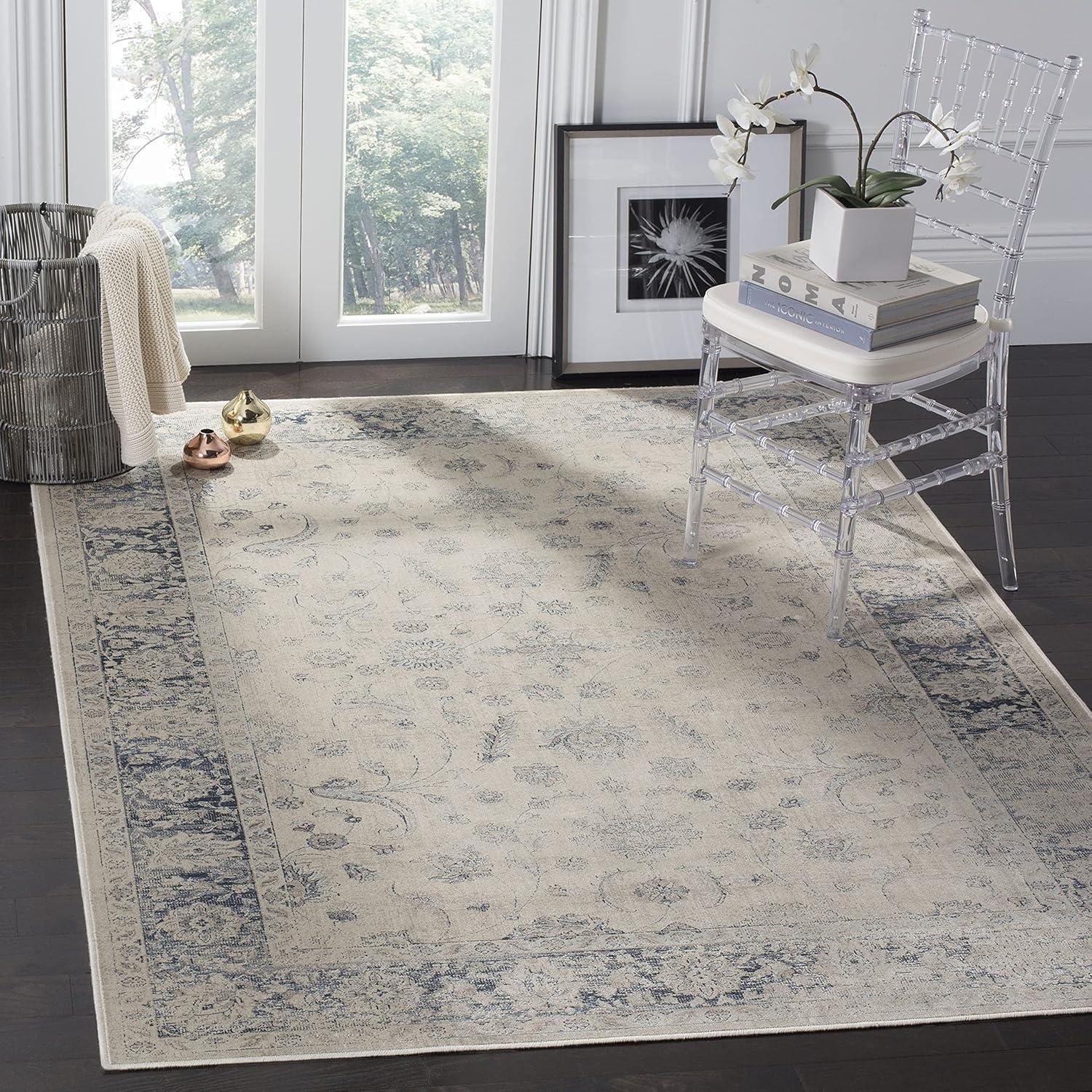 Stone and Blue Oriental Rectangular Viscose Rug, 9' x 12'