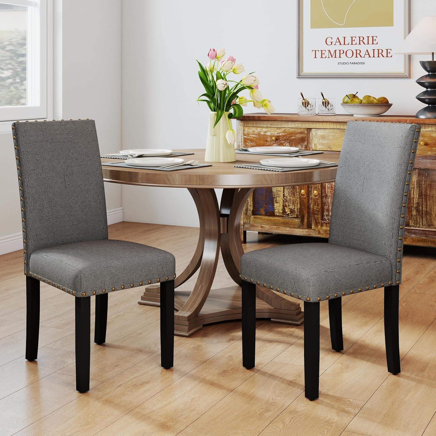 Upholstered Dining Chairs Set pf 2 Studded Parson Chairs with Nailheads and Sturdy Wooden Legs, Grey