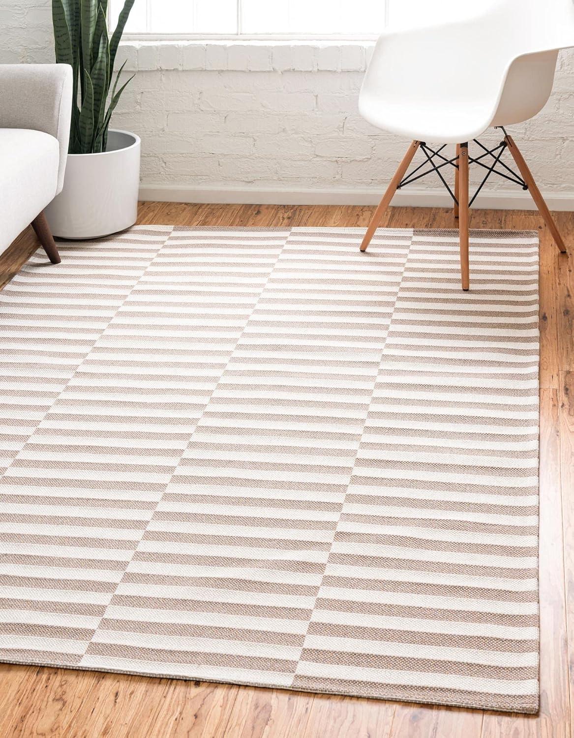 Taupe and Ivory Striped Flatweave Cotton Area Rug