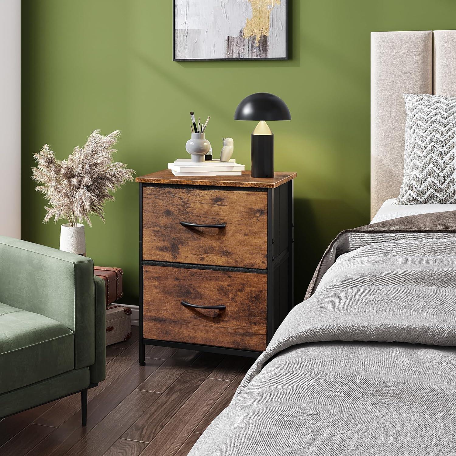 Dresser with 2 Drawers, Fabric Nightstand, Tall Dresser for Bedroom, Storage Chest of Drawers with Wood Top, Bedside Table, Rustic Brown