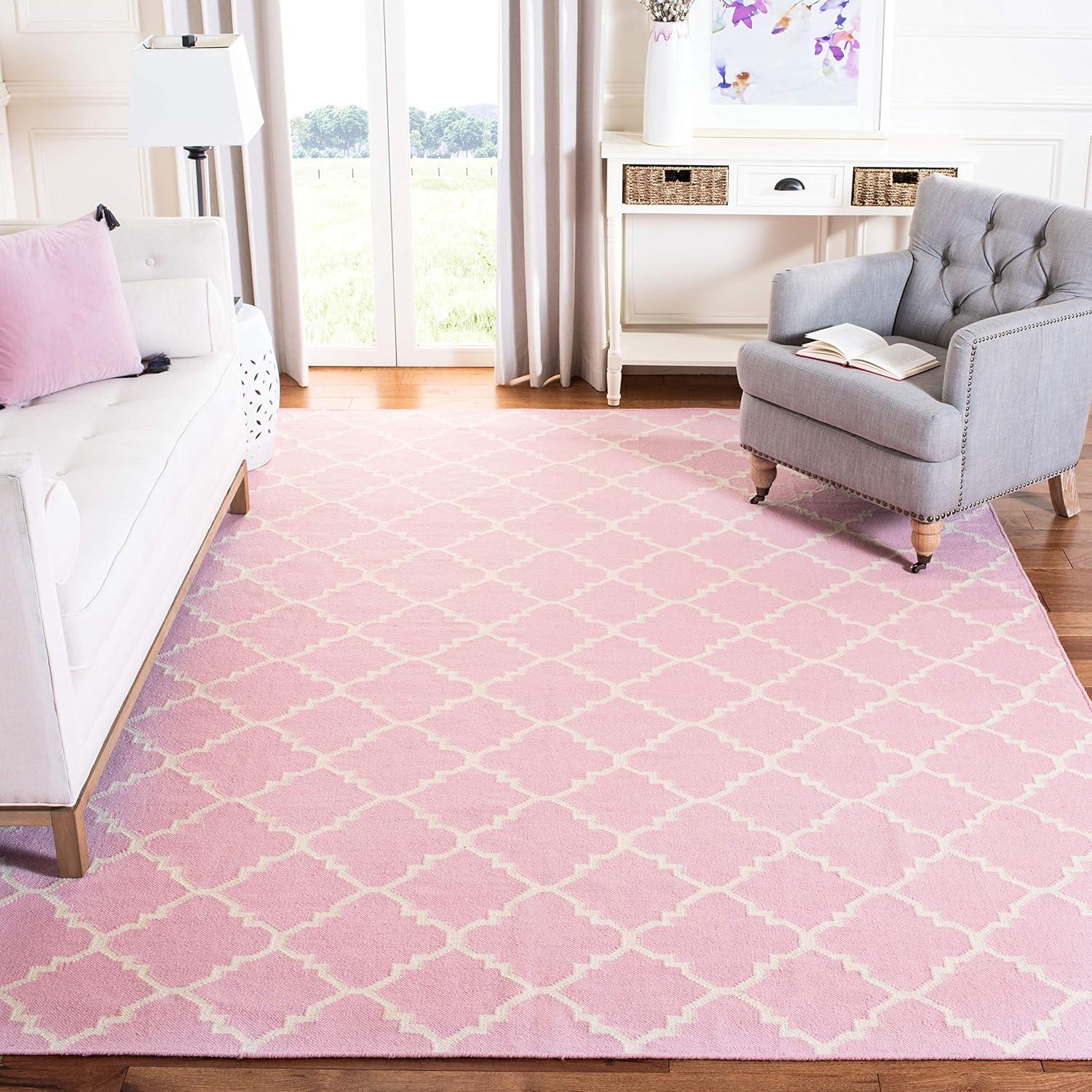 Pink and Ivory Geometric Wool Flatweave Area Rug, 5' x 8'