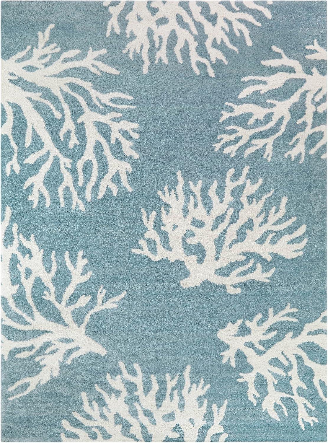 Light Blue Coastal Coral Print Synthetic Rug - 5' x 7'