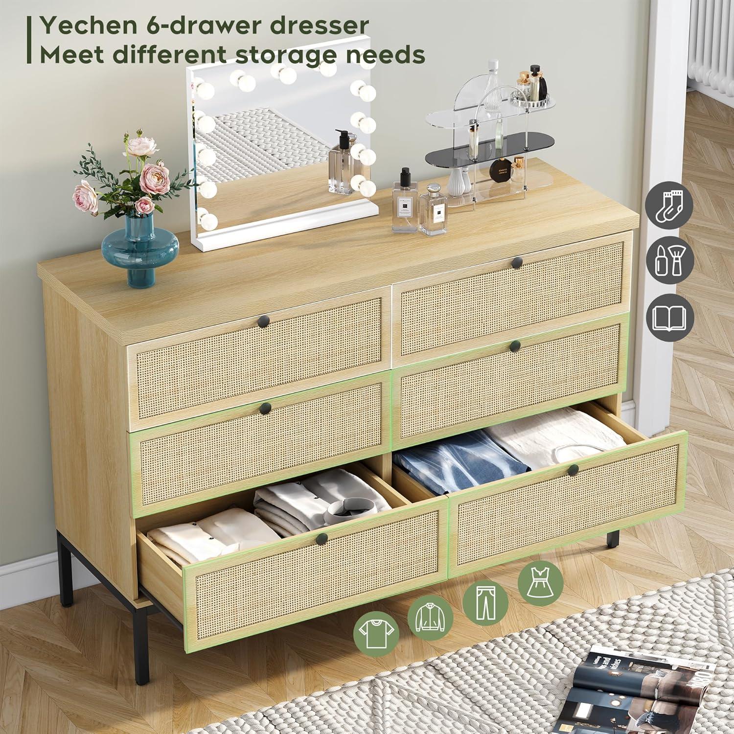 Natural Rattan 6-Drawer Dresser with Black Steel Legs