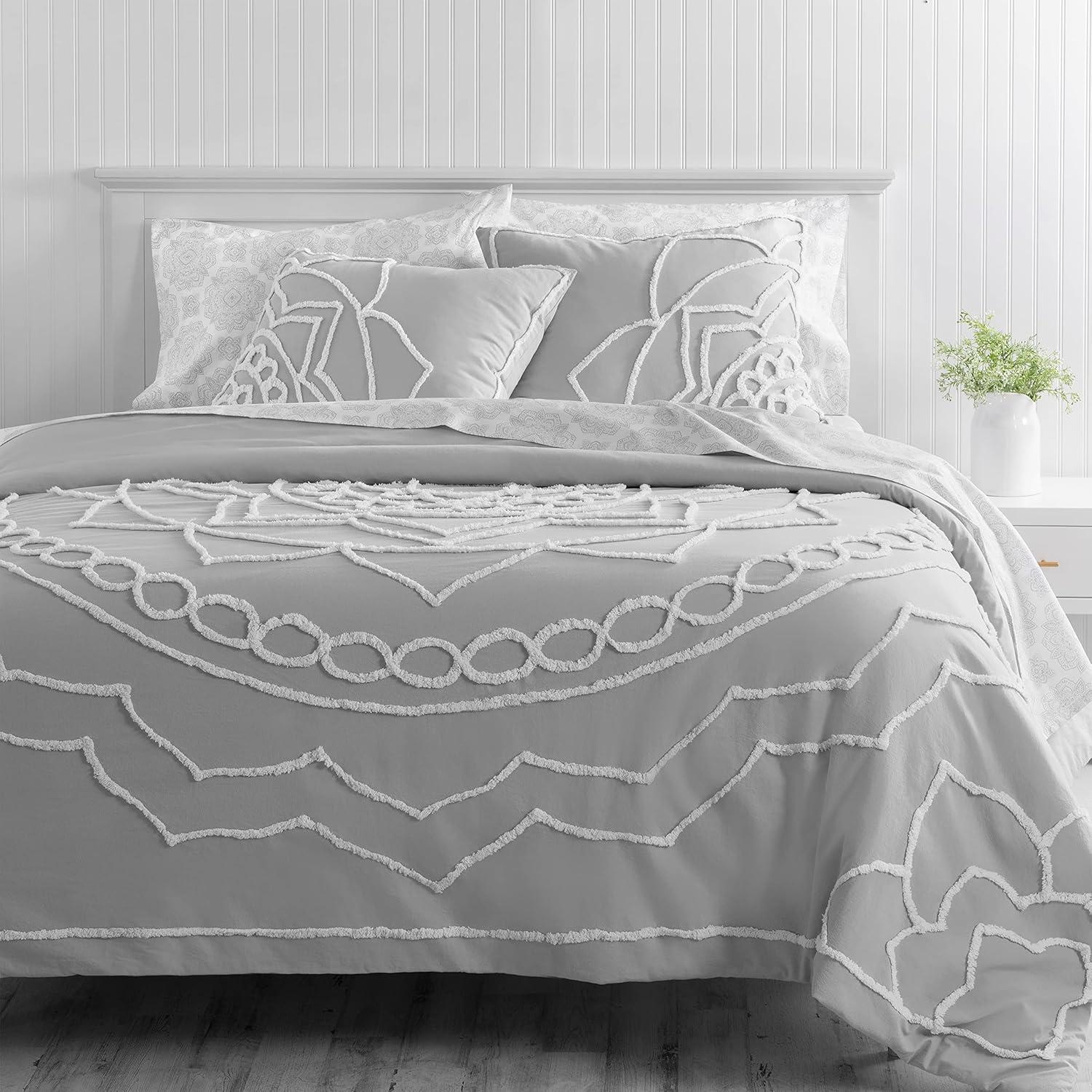 Sophia Medallion Chenille Gray Cotton Queen Duvet Set