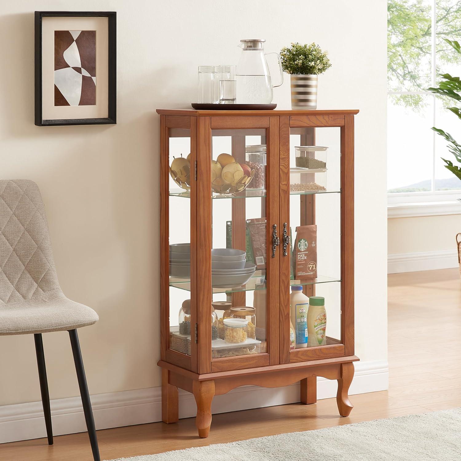 Oak Curio Cabinet with Glass Doors and Adjustable Shelves