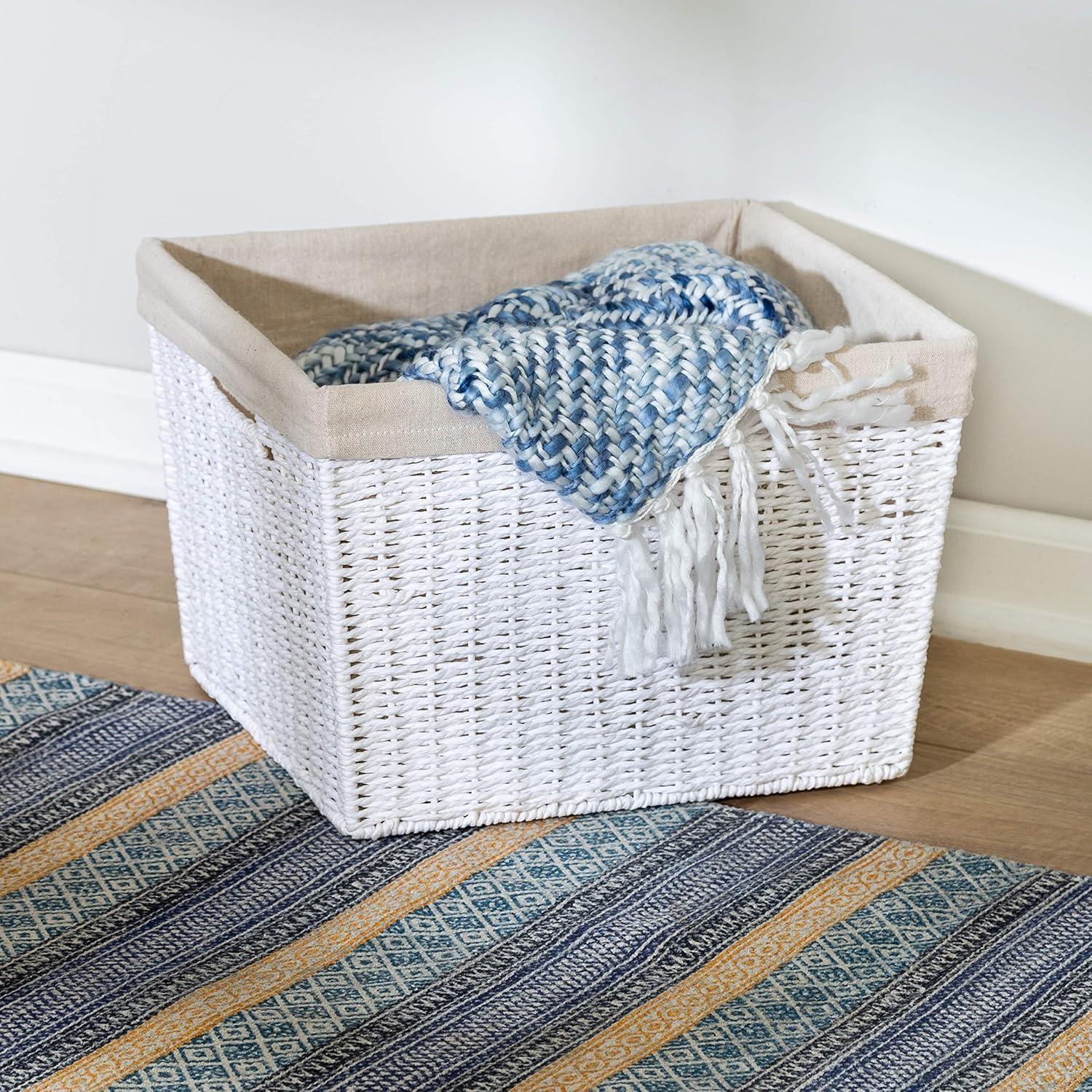Honey-Can-Do Paper Rope and Steel Large Storage Basket with Liner, White/Natural
