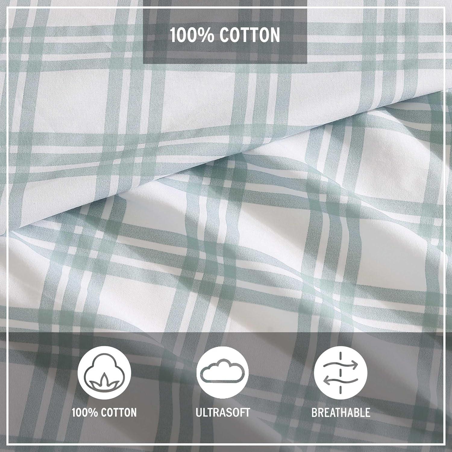 Queen White and Pale Green Plaid Cotton Percale Sheet Set