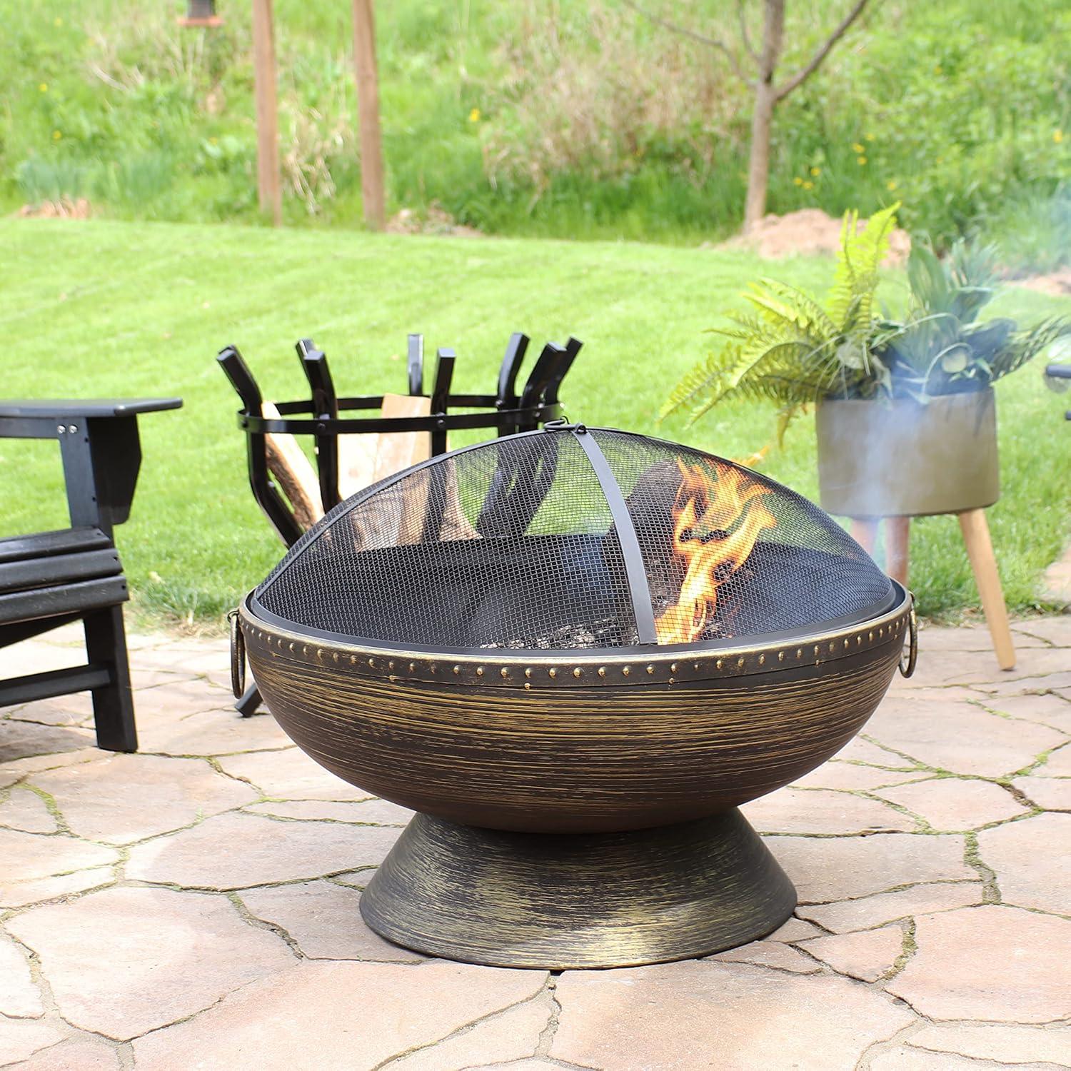 SunnyDaze Decor 30" Wood-Burning Black Finish Steel Fire Pit Bowl with Screen, Grate, and Poker