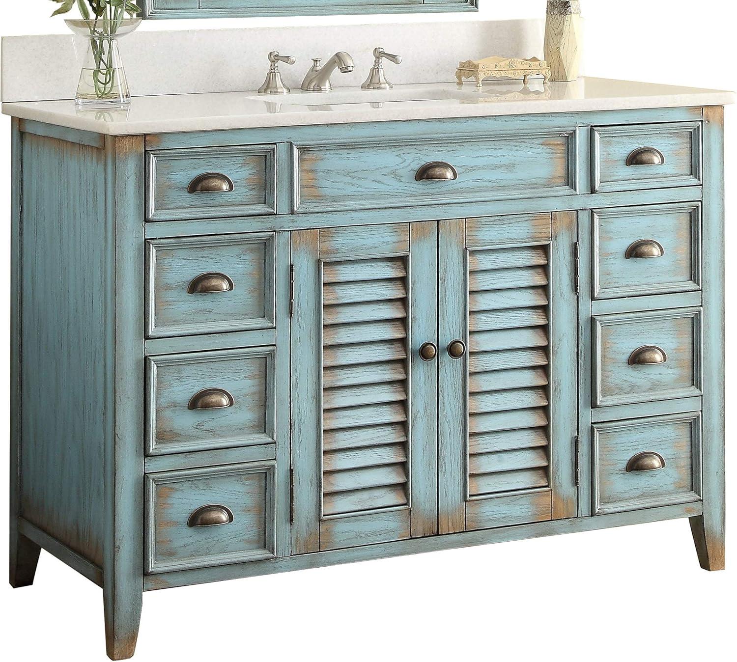 46 Inch Abbeville Distressed Blue Finish Cottage Plantation Style Bathroom Vanity with White Marble Stone Top, 4 Functional Drawers, Undermount Sink, Hardware Included