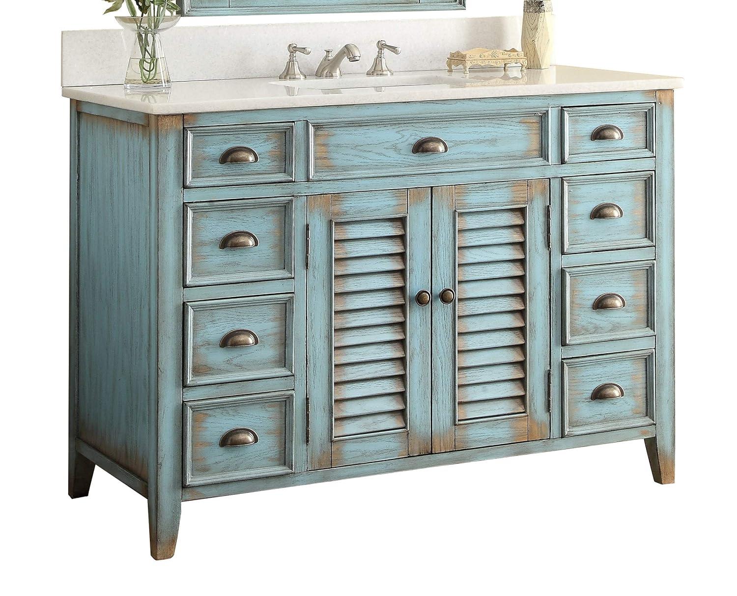 46 Inch Abbeville Distressed Blue Finish Cottage Plantation Style Bathroom Vanity with White Marble Stone Top, 4 Functional Drawers, Undermount Sink, Hardware Included