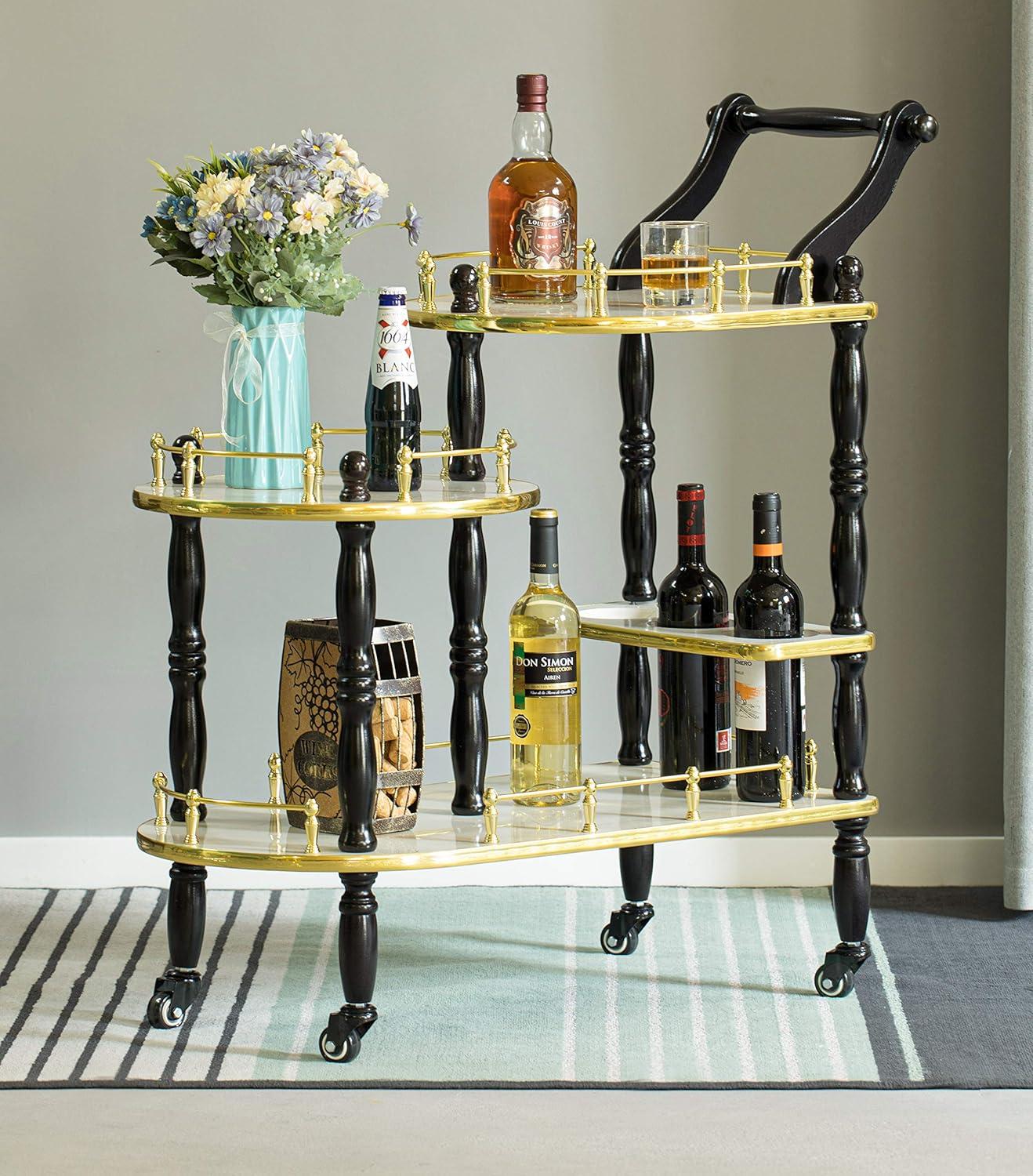 Wood Serving Bar Cart Tea Trolley with 3 Tier Shelves and Rolling Wheels