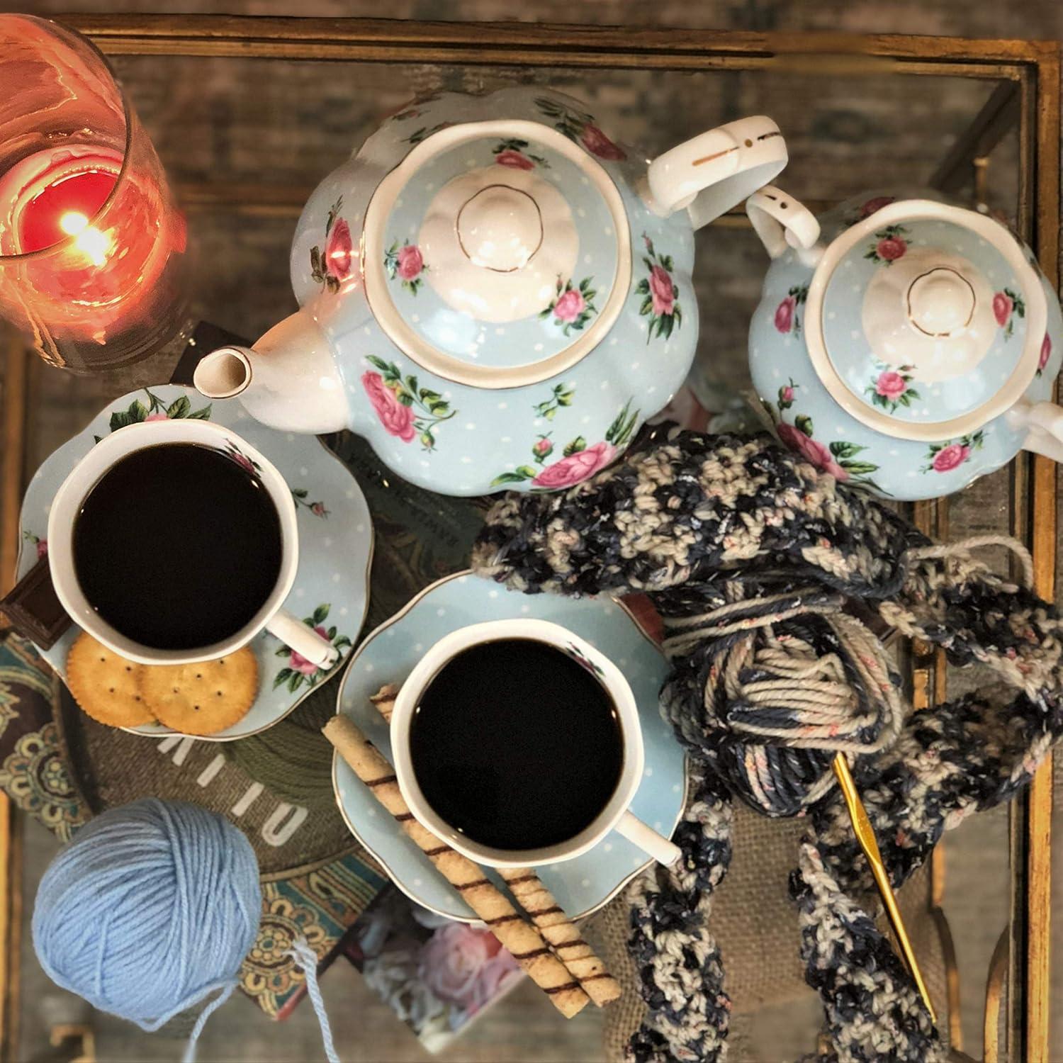 Floral Blue Porcelain Tea Set with Cups and Saucers