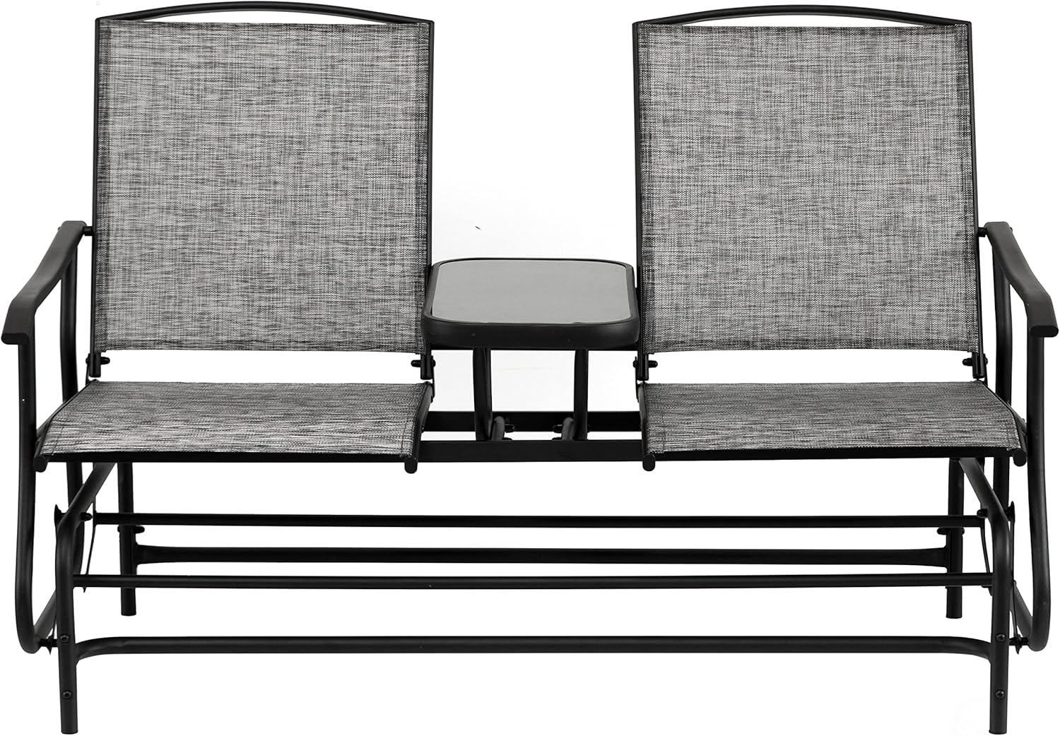 Gardenised Two Person Outdoor Double Swing Glider Chair Set with Center Tempered Glass Table, Loveseat Lawn Rocker Bench